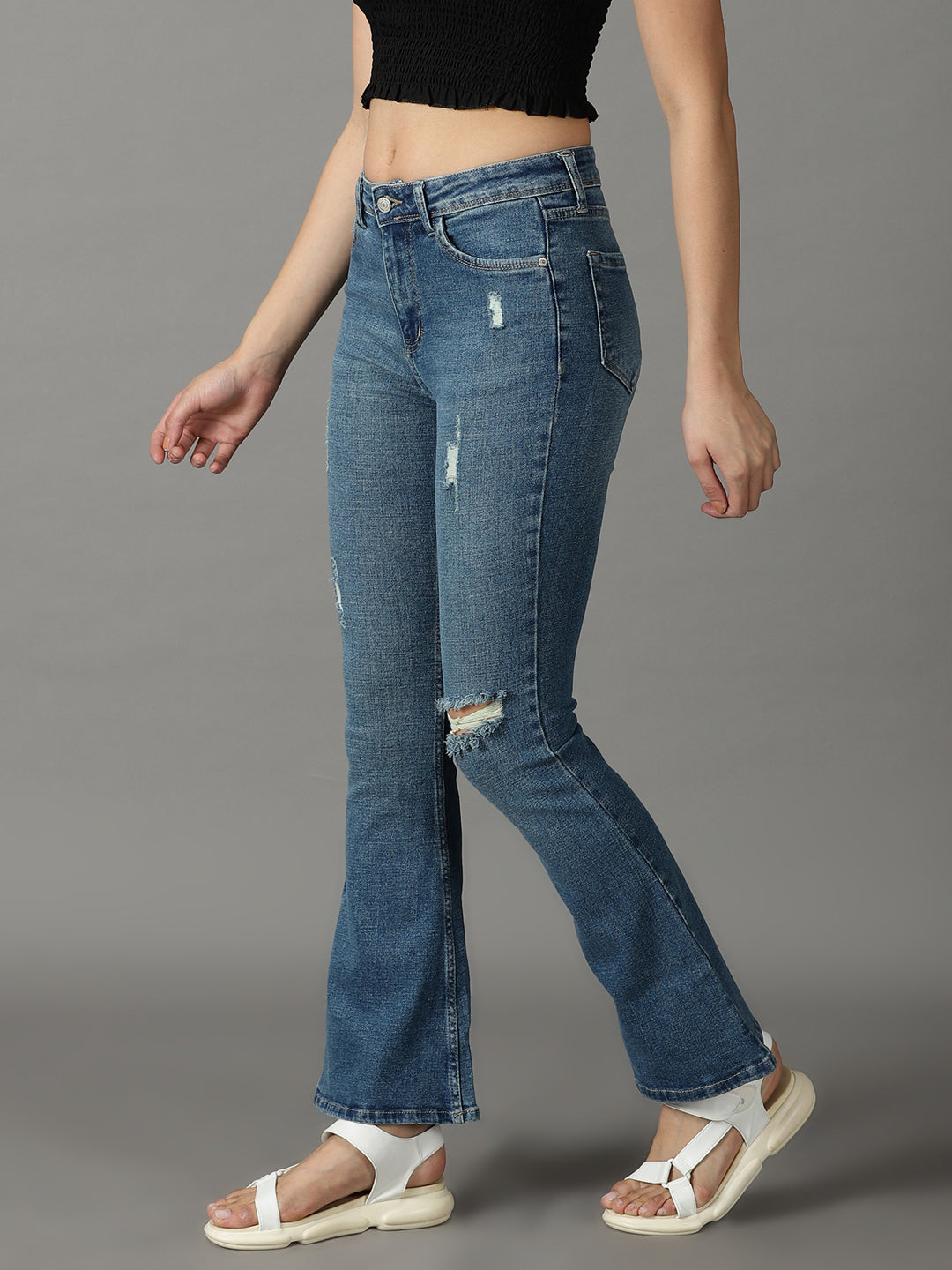 Women's Blue Solid Bootcut Denim Jeans