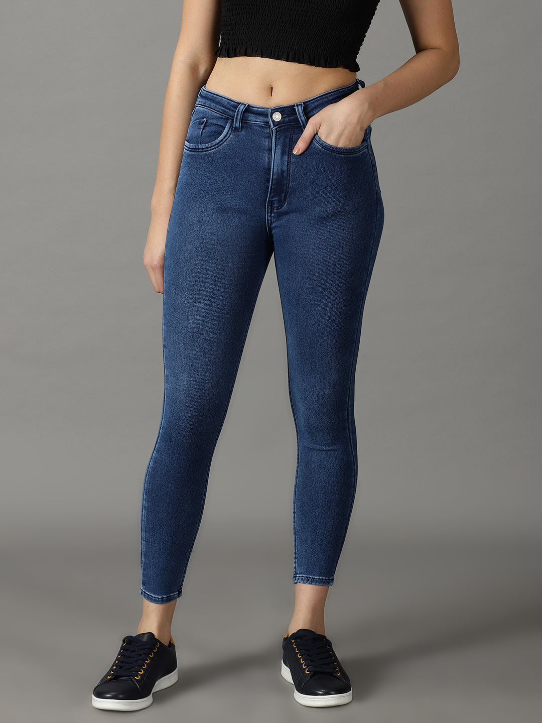 Women's Navy Blue Solid Skinny Fit Denim Jeans