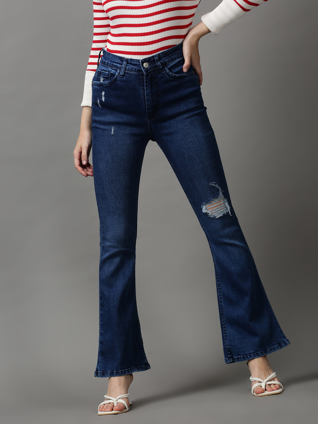 Women's Navy Blue Solid Bootcut Denim Jeans