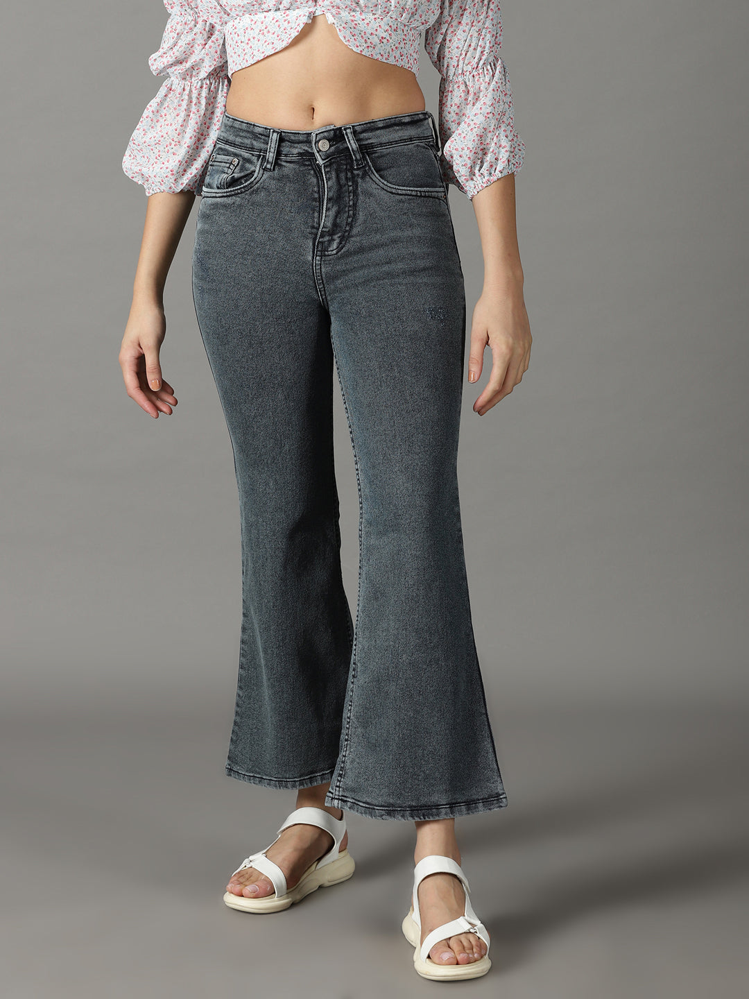 Women's Grey Solid Bootcut Denim Jeans