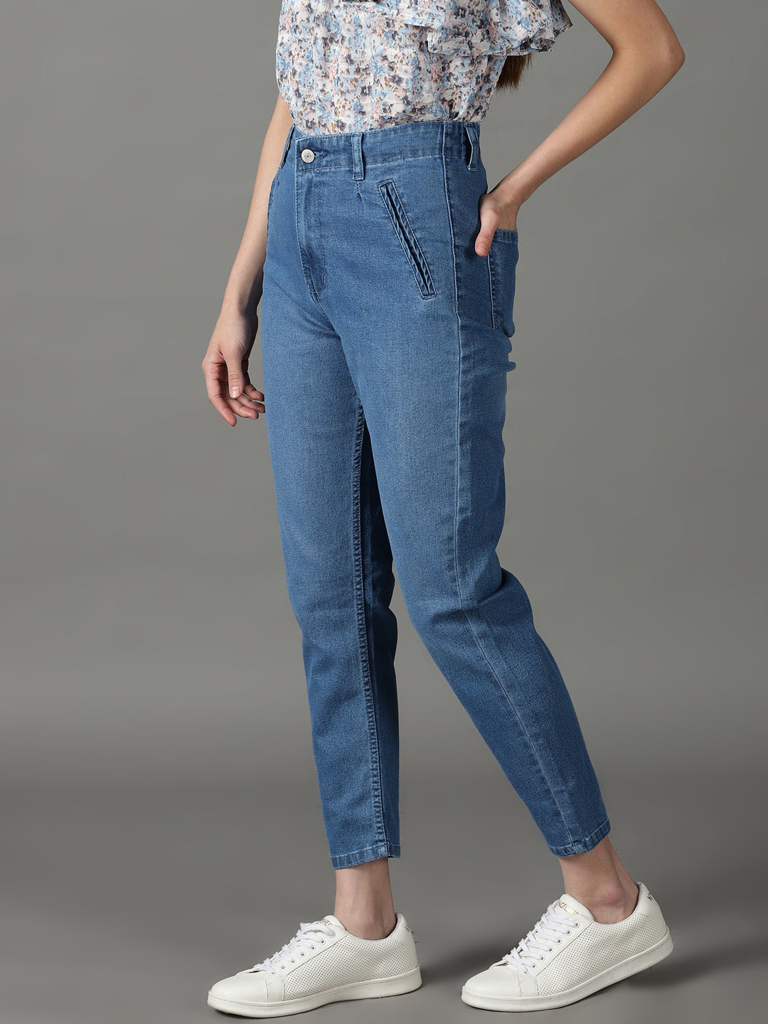 Women's Blue Solid Mom Fit Denim Jeans