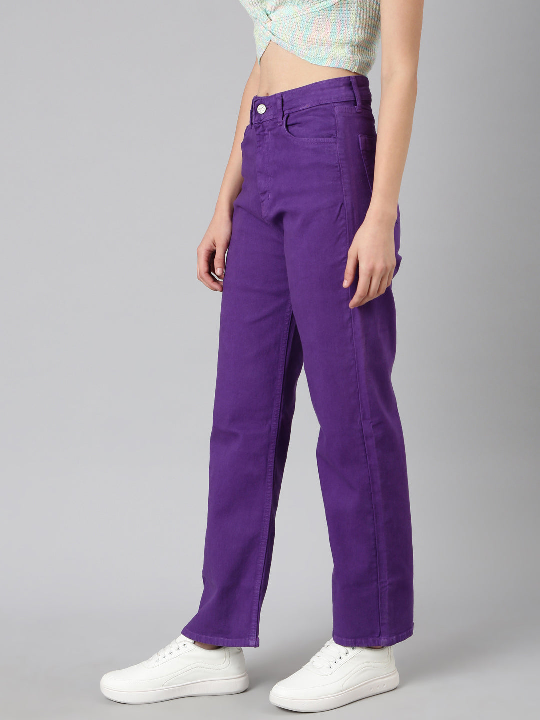 Women Purple Solid Straight Fit Denim Jeans