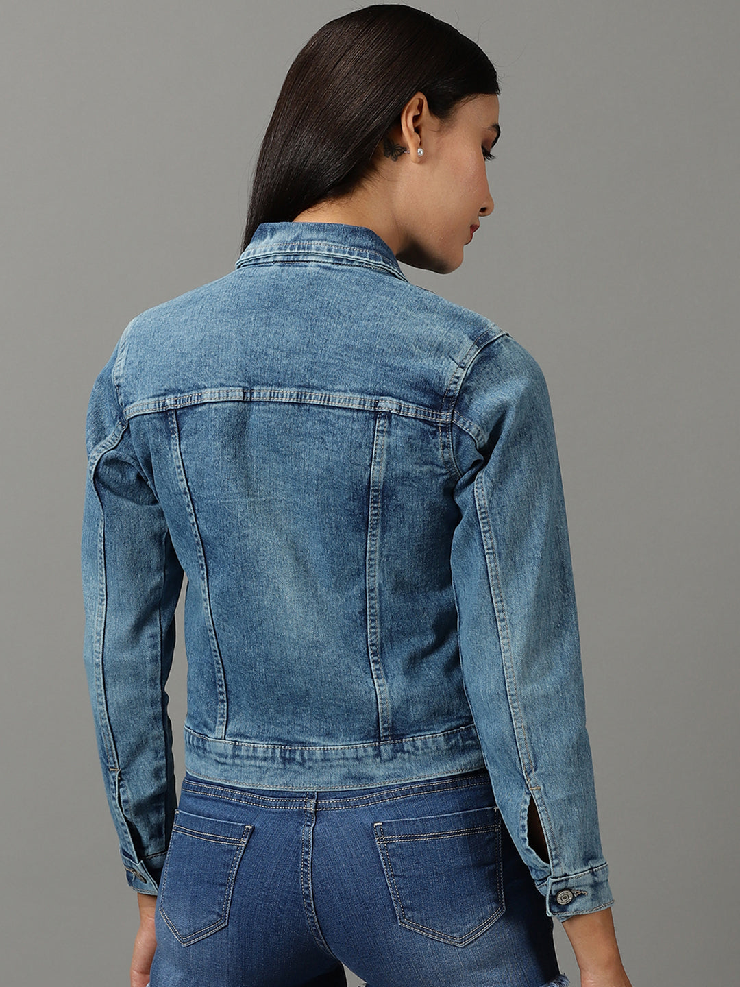 Women's Blue Solid Denim Jacket