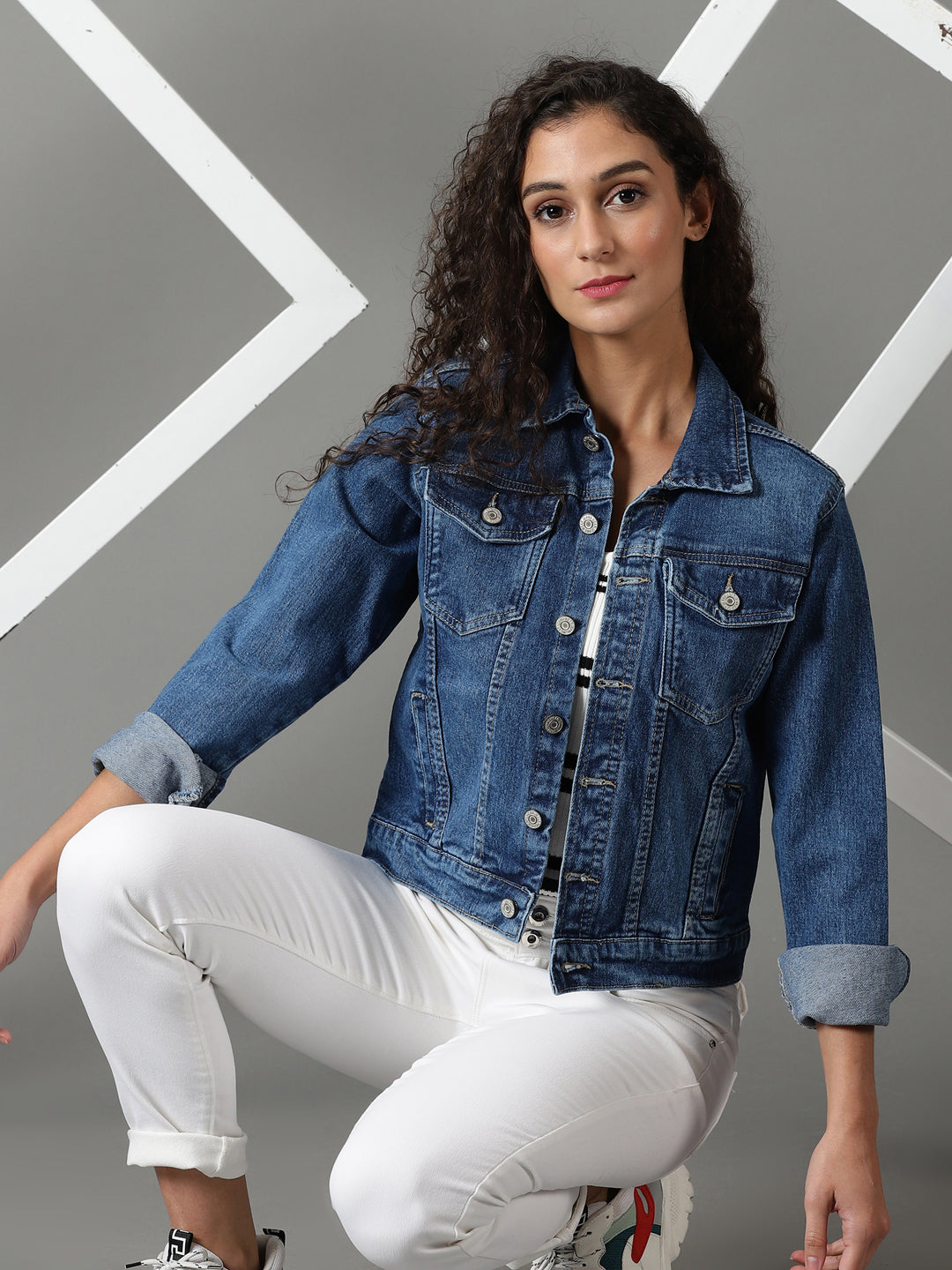 Women's Navy Blue Solid Denim Jacket