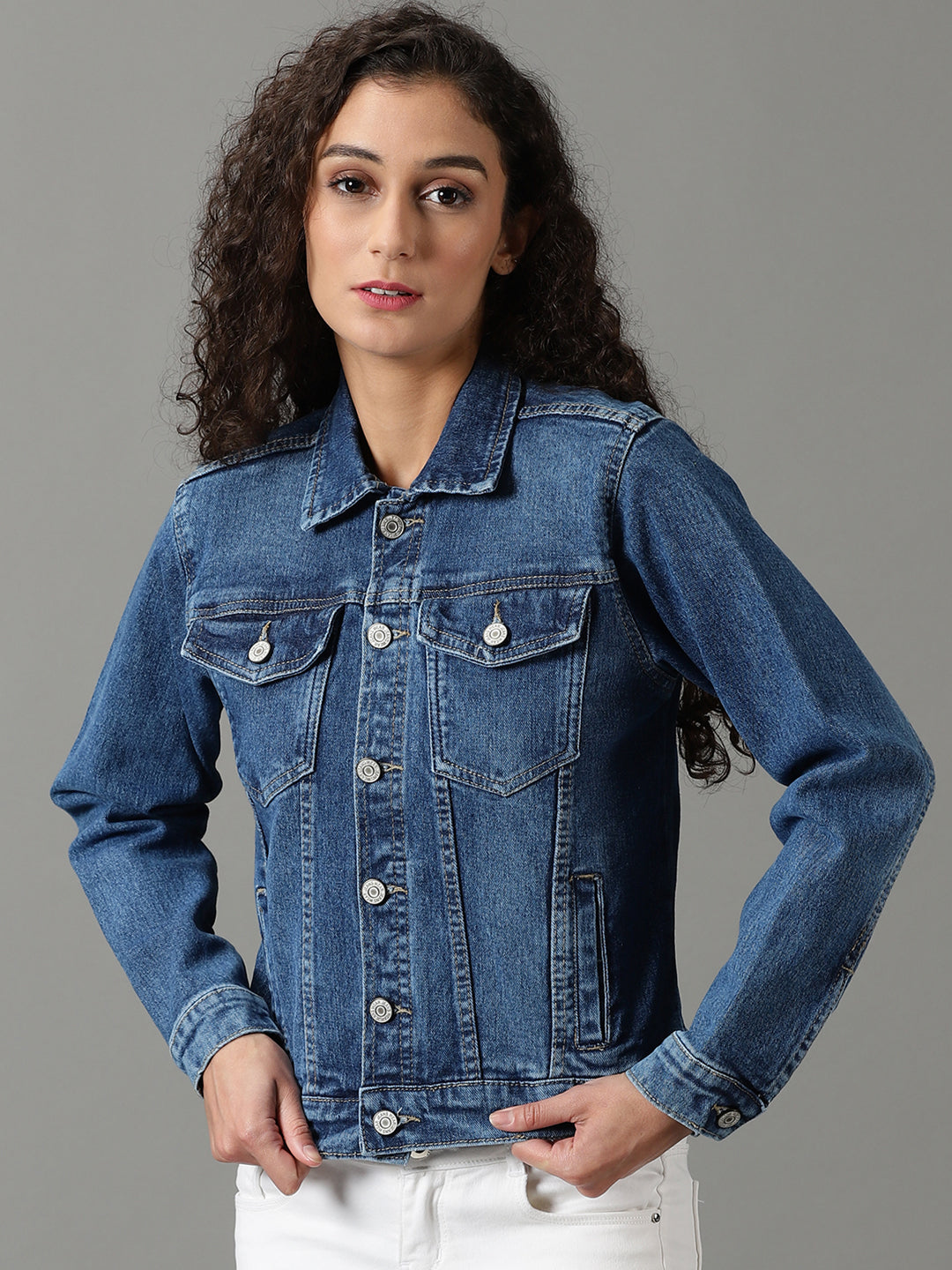 Women's Navy Blue Solid Denim Jacket