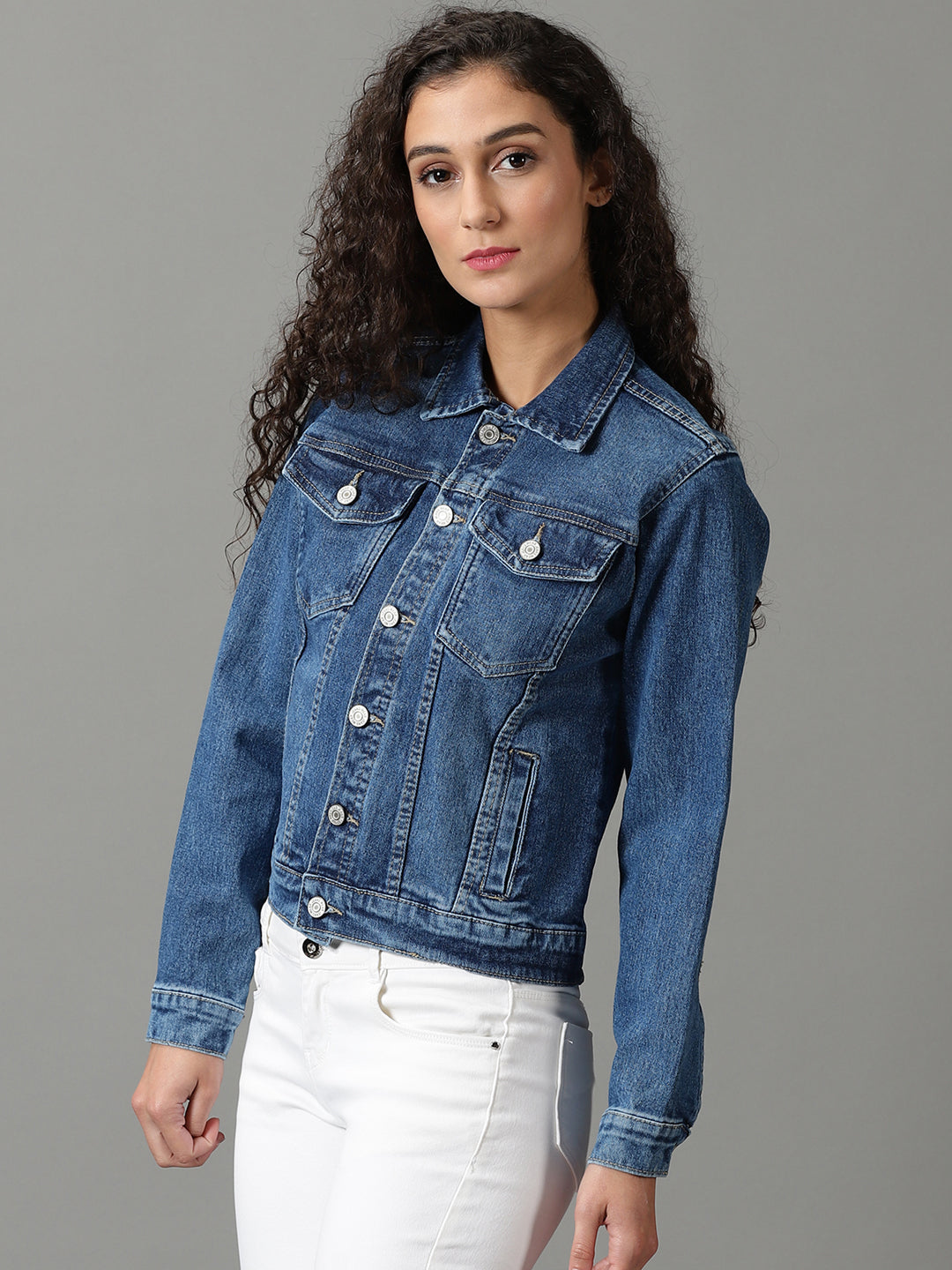 Women's Navy Blue Solid Denim Jacket