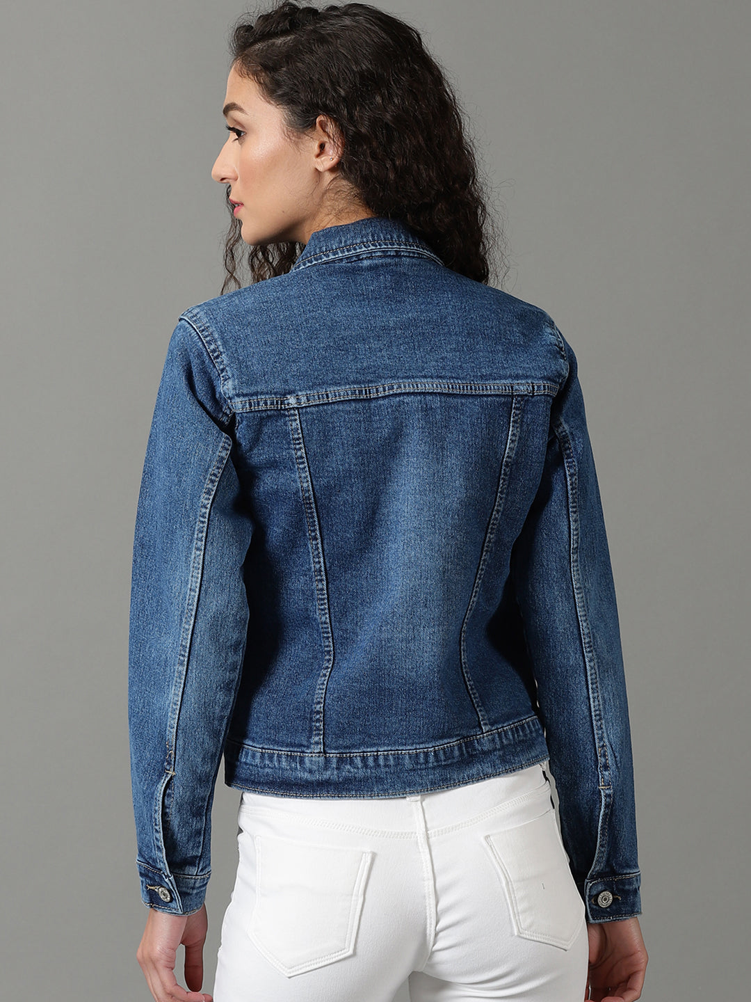 Women's Navy Blue Solid Denim Jacket