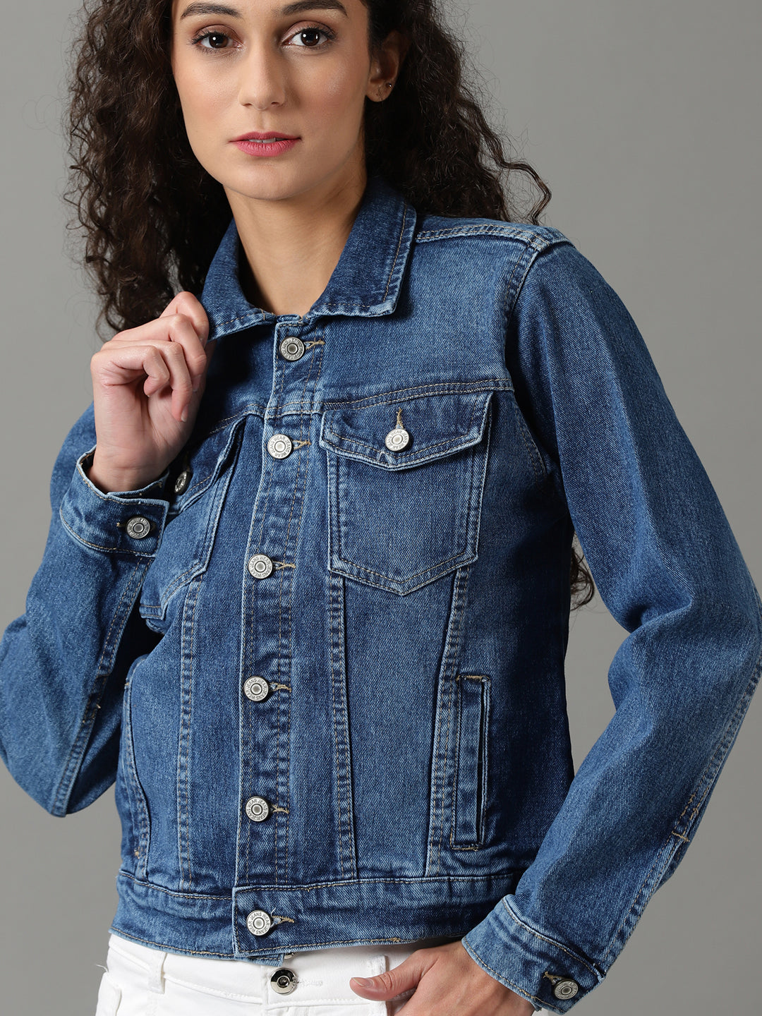 Women's Navy Blue Solid Denim Jacket