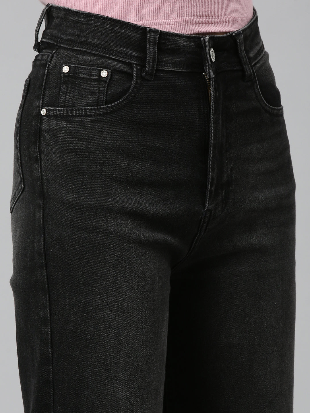 Women Charcoal Solid Wide Leg Denim Jeans
