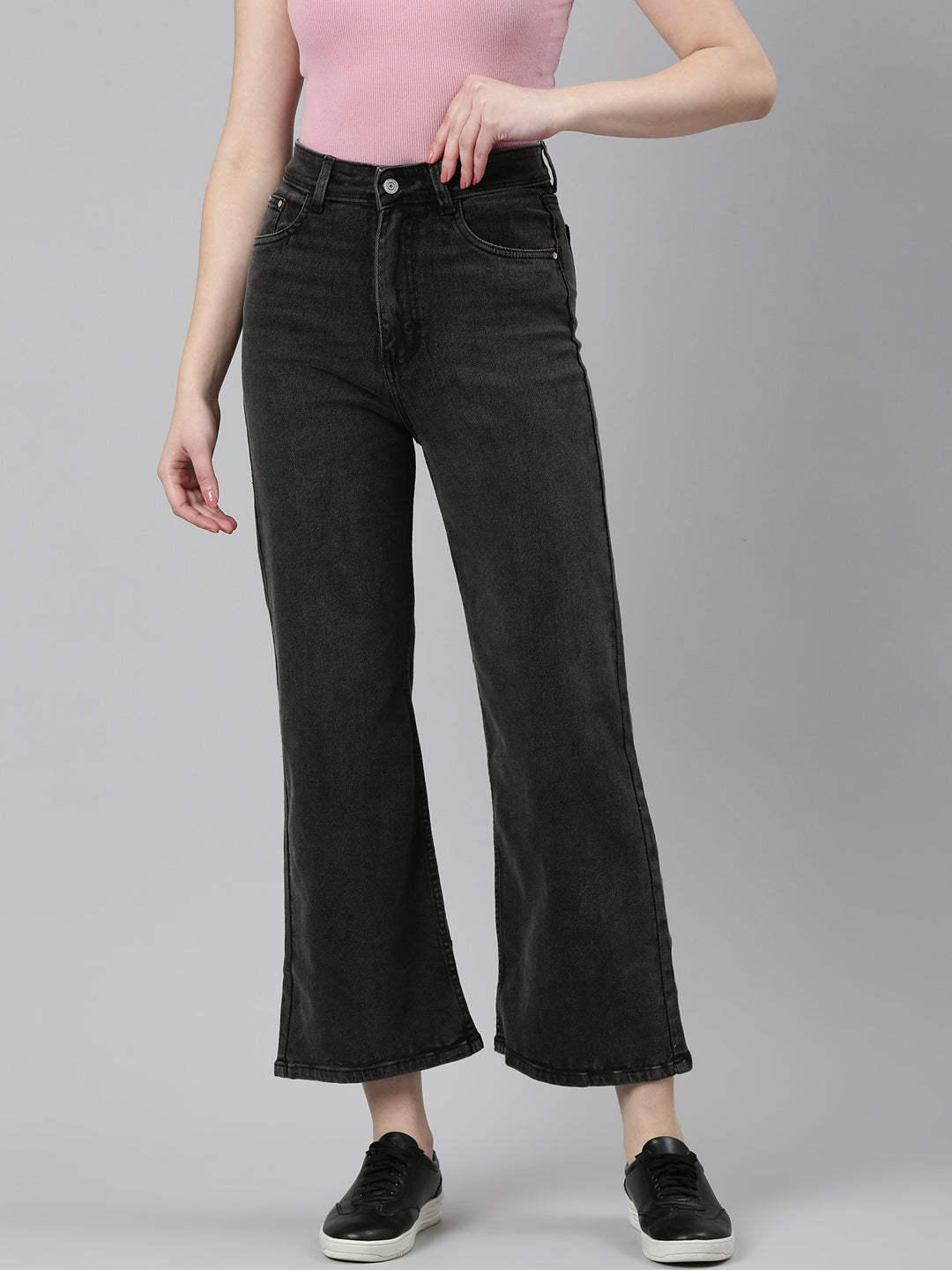 Women Charcoal Solid Wide Leg Denim Jeans