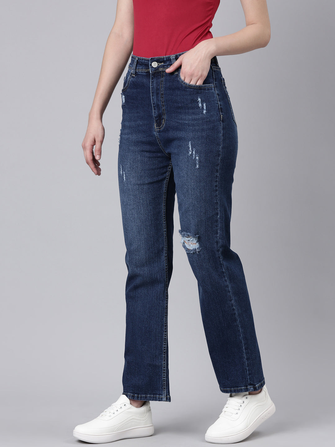 Women Navy Blue Solid Straight Fit Denim Jeans