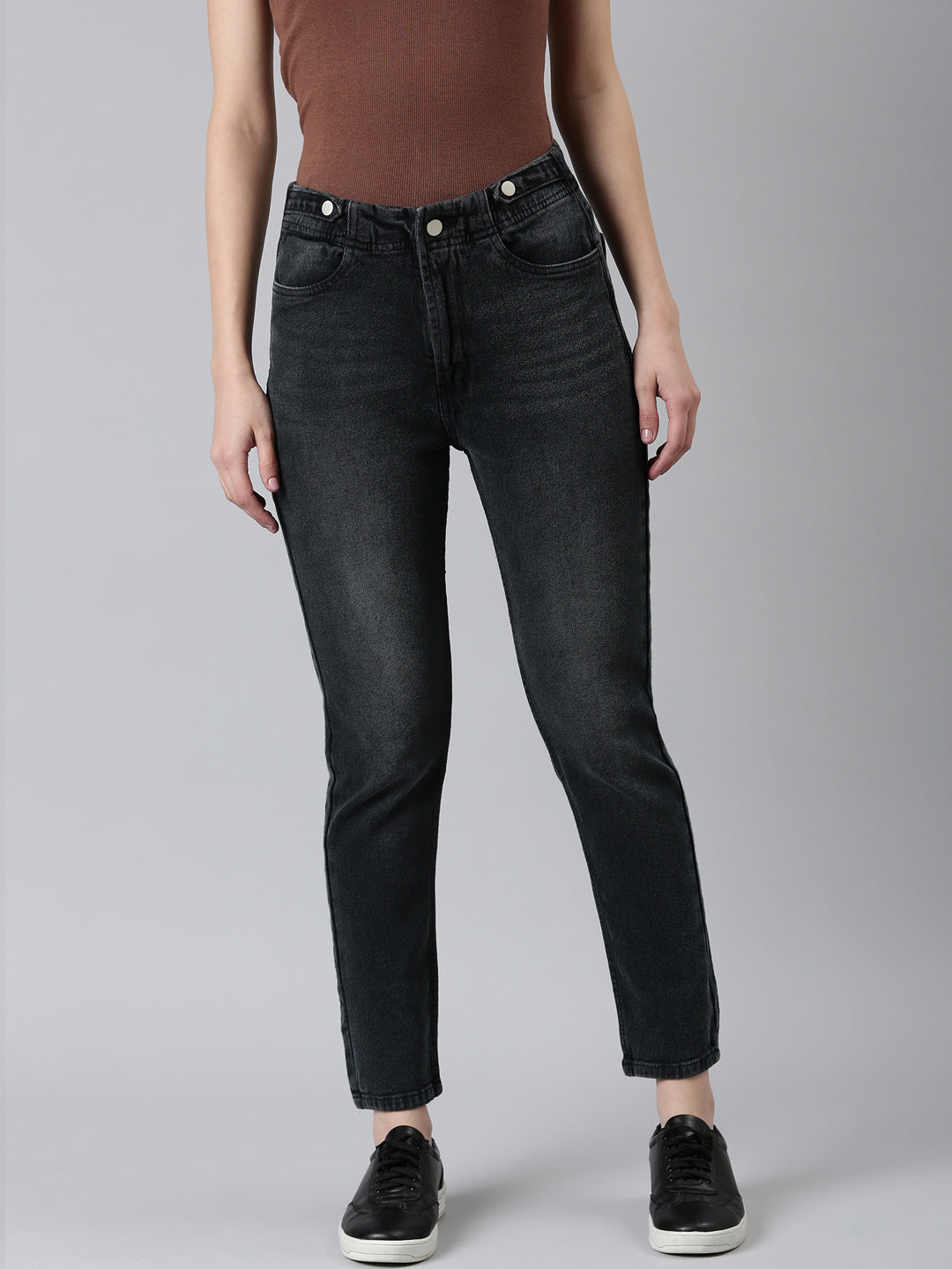 Women Charcoal Solid Regular Fit Denim Jeans