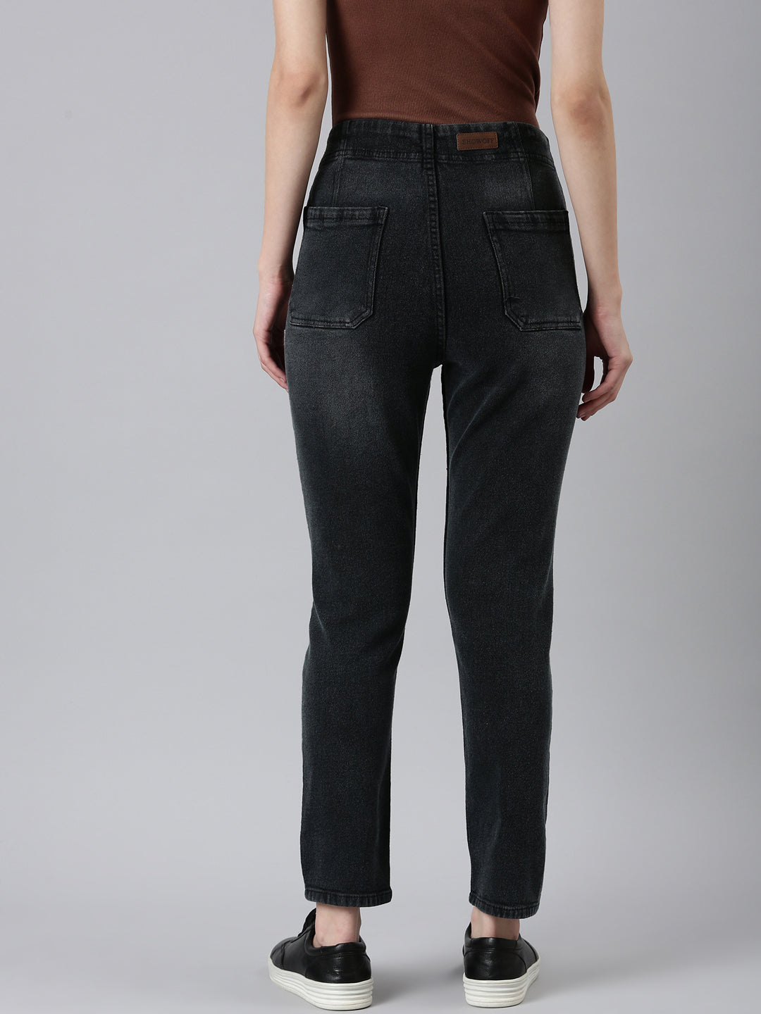 Women Charcoal Solid Regular Fit Denim Jeans