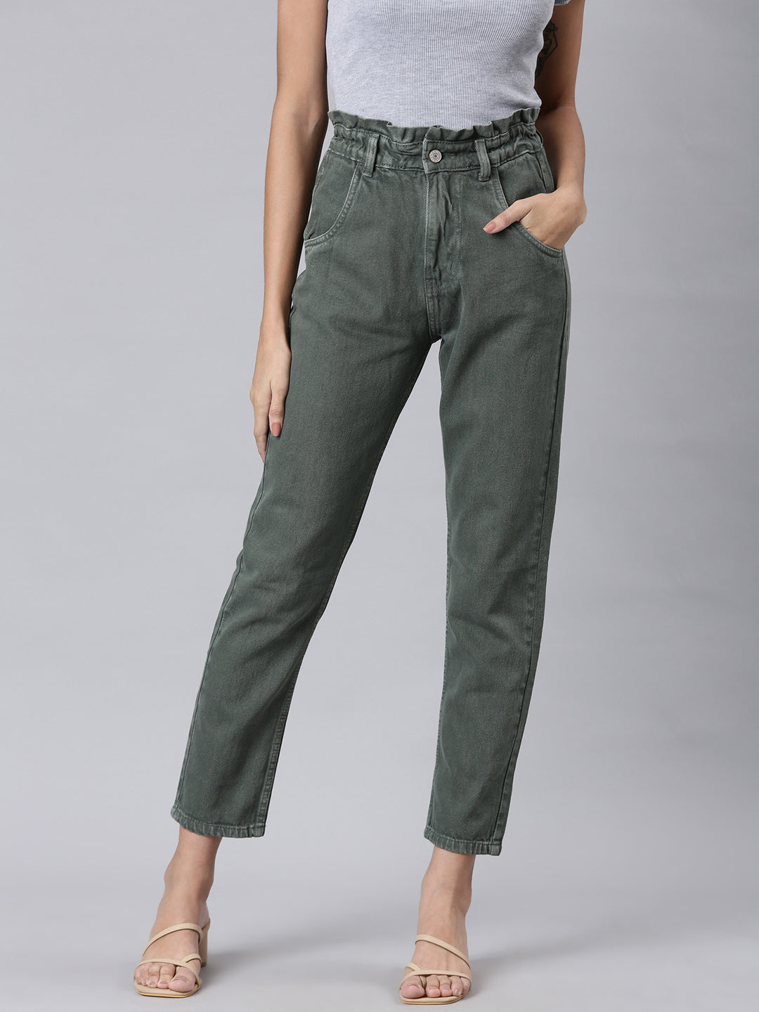 Women Olive Solid Regular Fit Denim Jeans