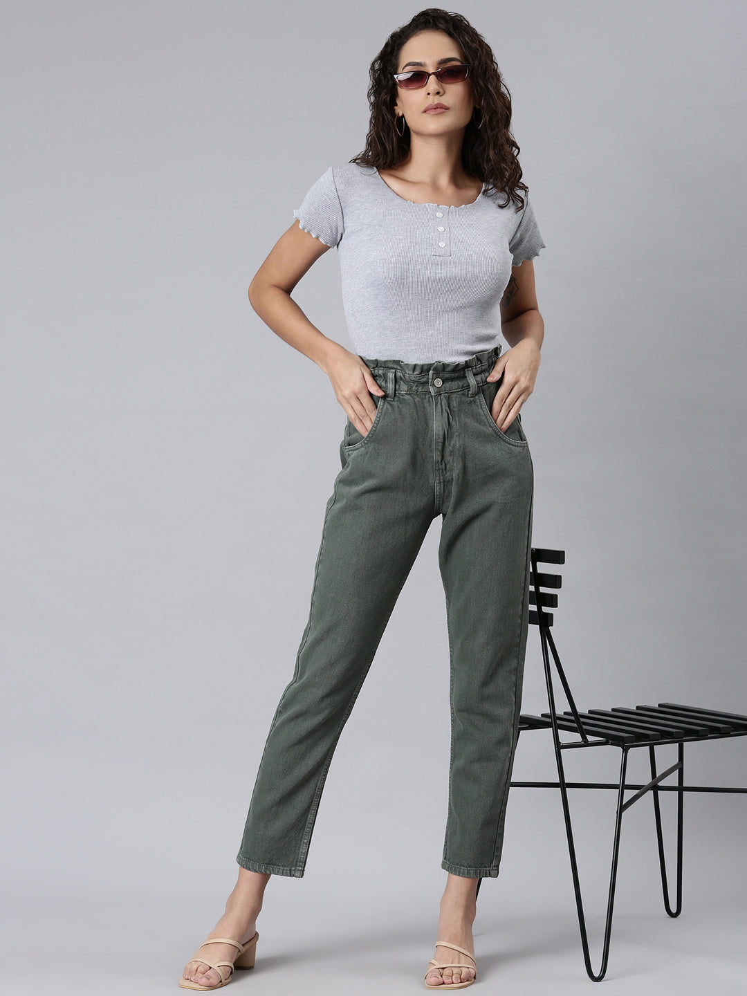 Women Olive Solid Regular Fit Denim Jeans