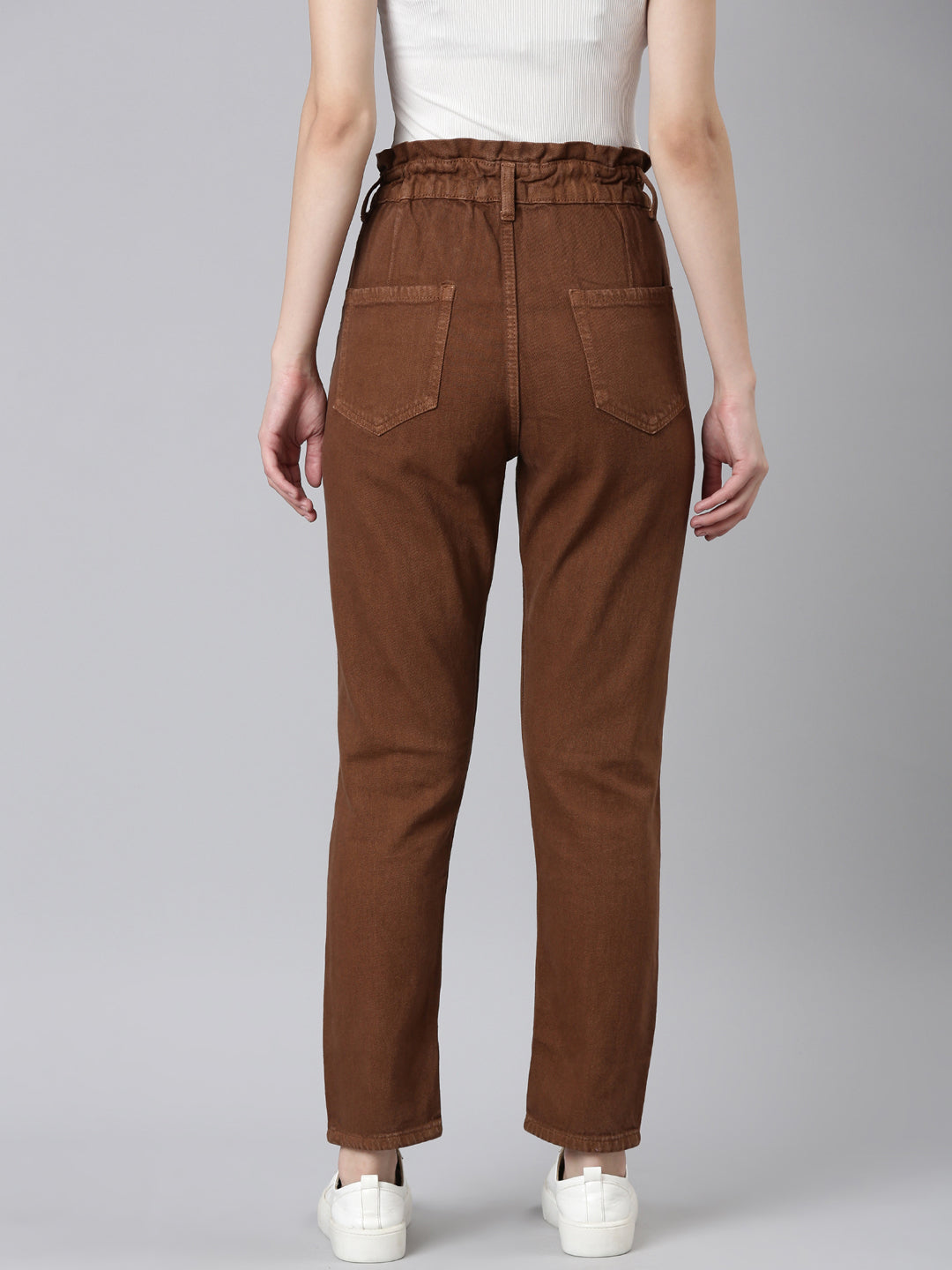 Women Camel Brown Solid Regular Fit Denim Jeans