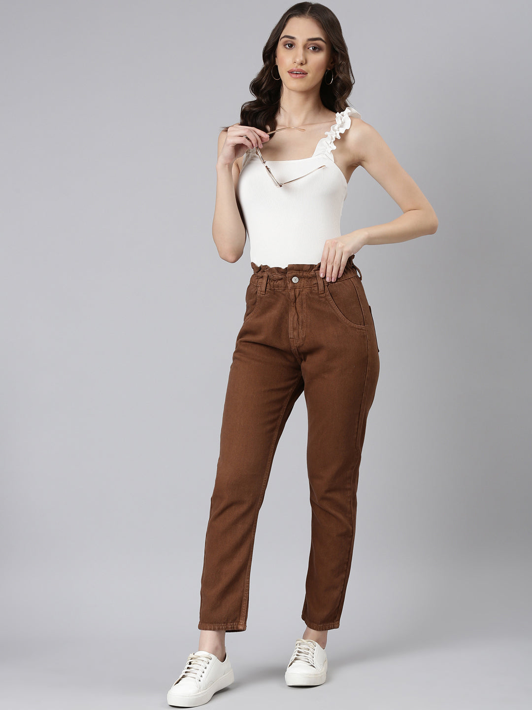 Women Camel Brown Solid Regular Fit Denim Jeans