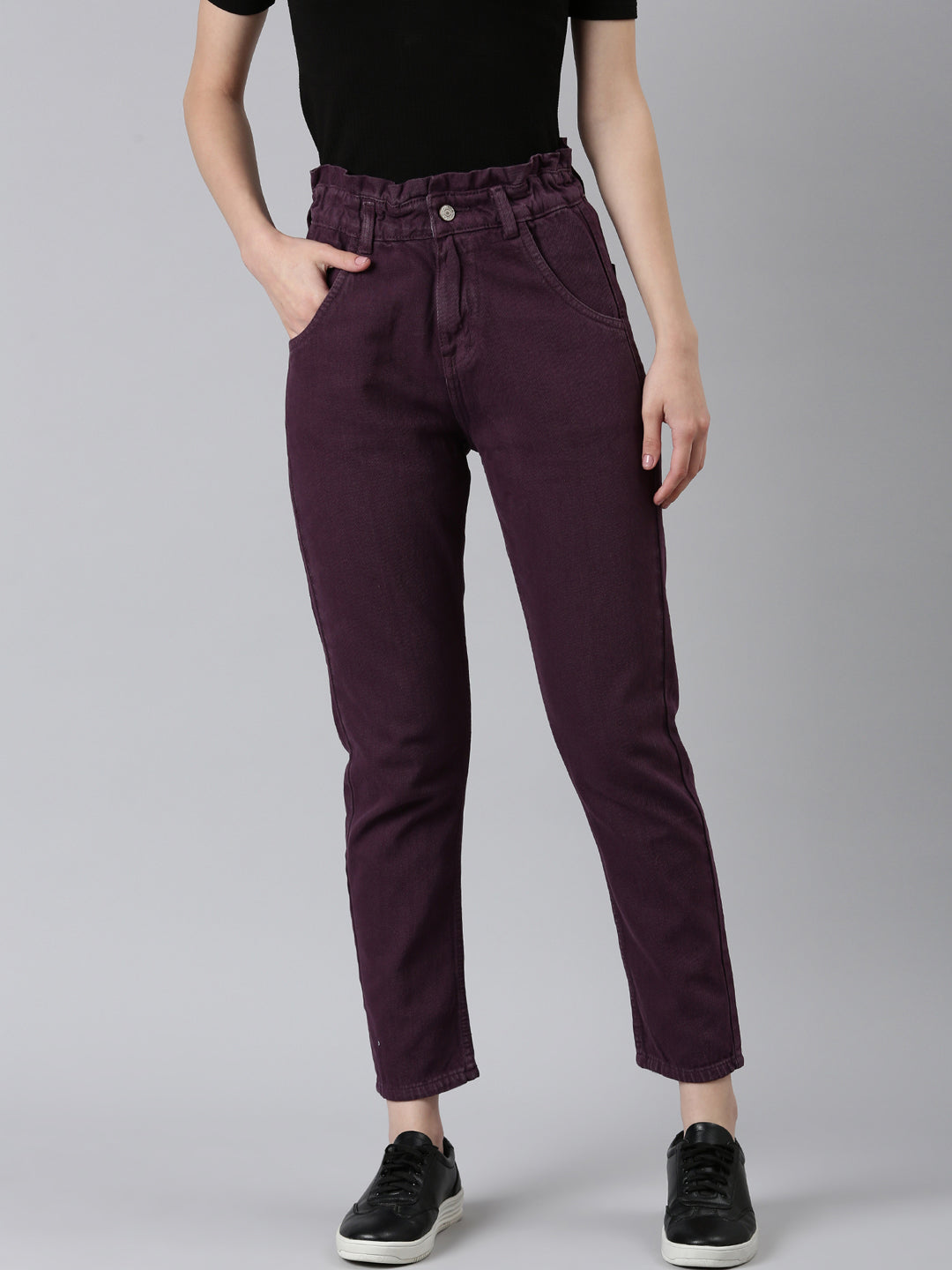 Women Purple Solid Regular Fit Denim Jeans
