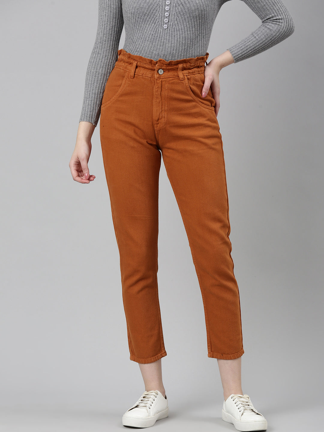 Women Tan Solid Regular Fit Denim Jeans