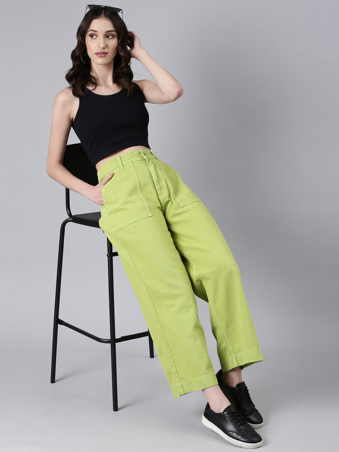 Women Lime Green Solid Wide Leg Denim Jeans