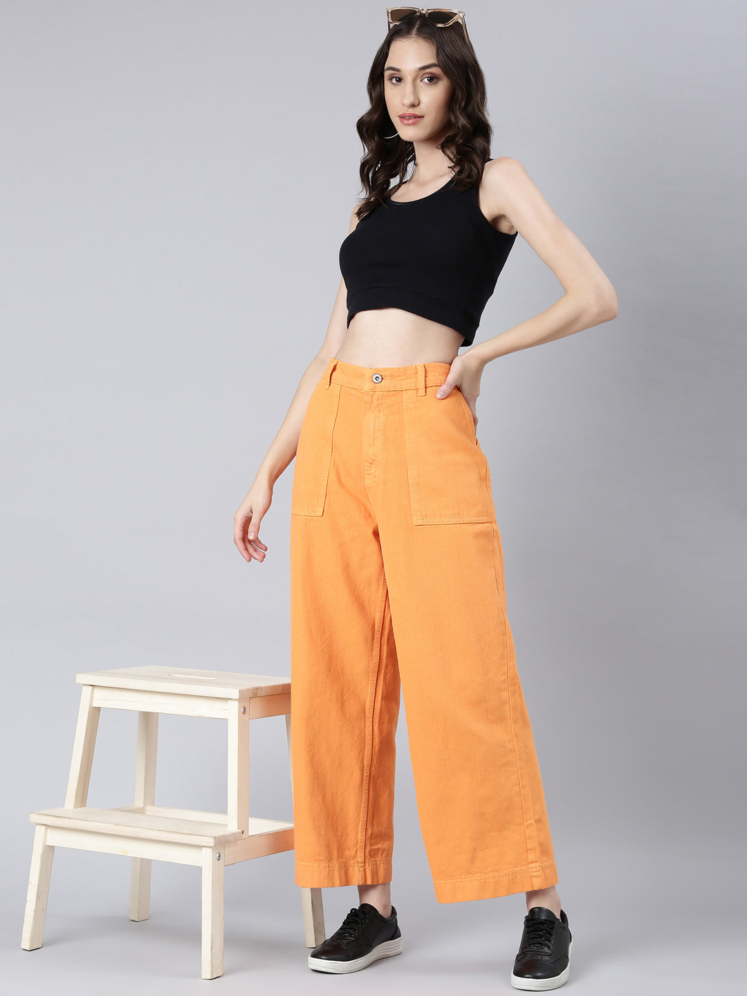 Women Orange Solid Wide Leg Denim Jeans