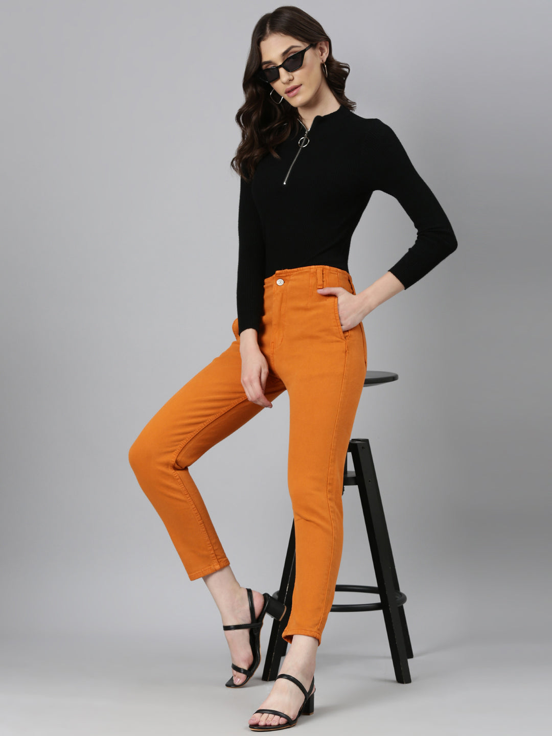 Women Mustard Solid Slim Fit Denim Jeans