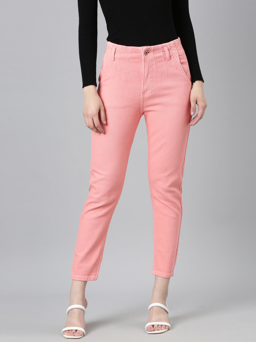 Women Coral Solid Mom Fit Denim Jeans