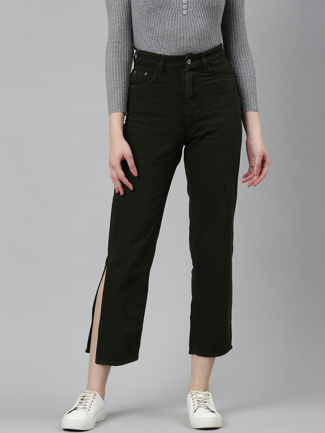 Women Olive Solid Regular Fit Denim Jeans