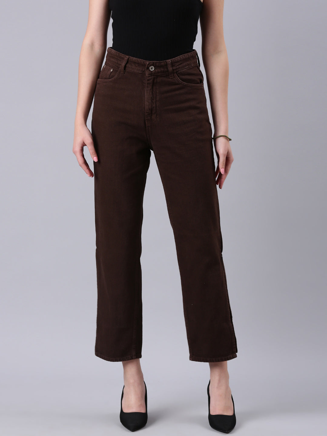 Women Brown Solid Wide Leg Denim Jeans