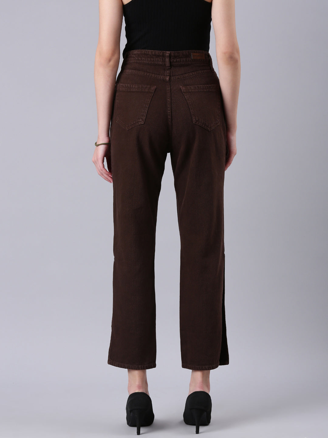 Women Brown Solid Wide Leg Denim Jeans