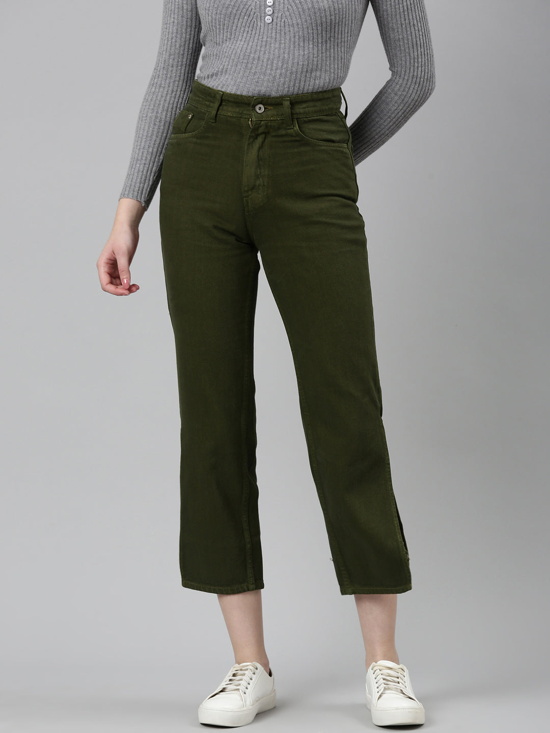Women Olive Solid Straight Fit Denim Jeans