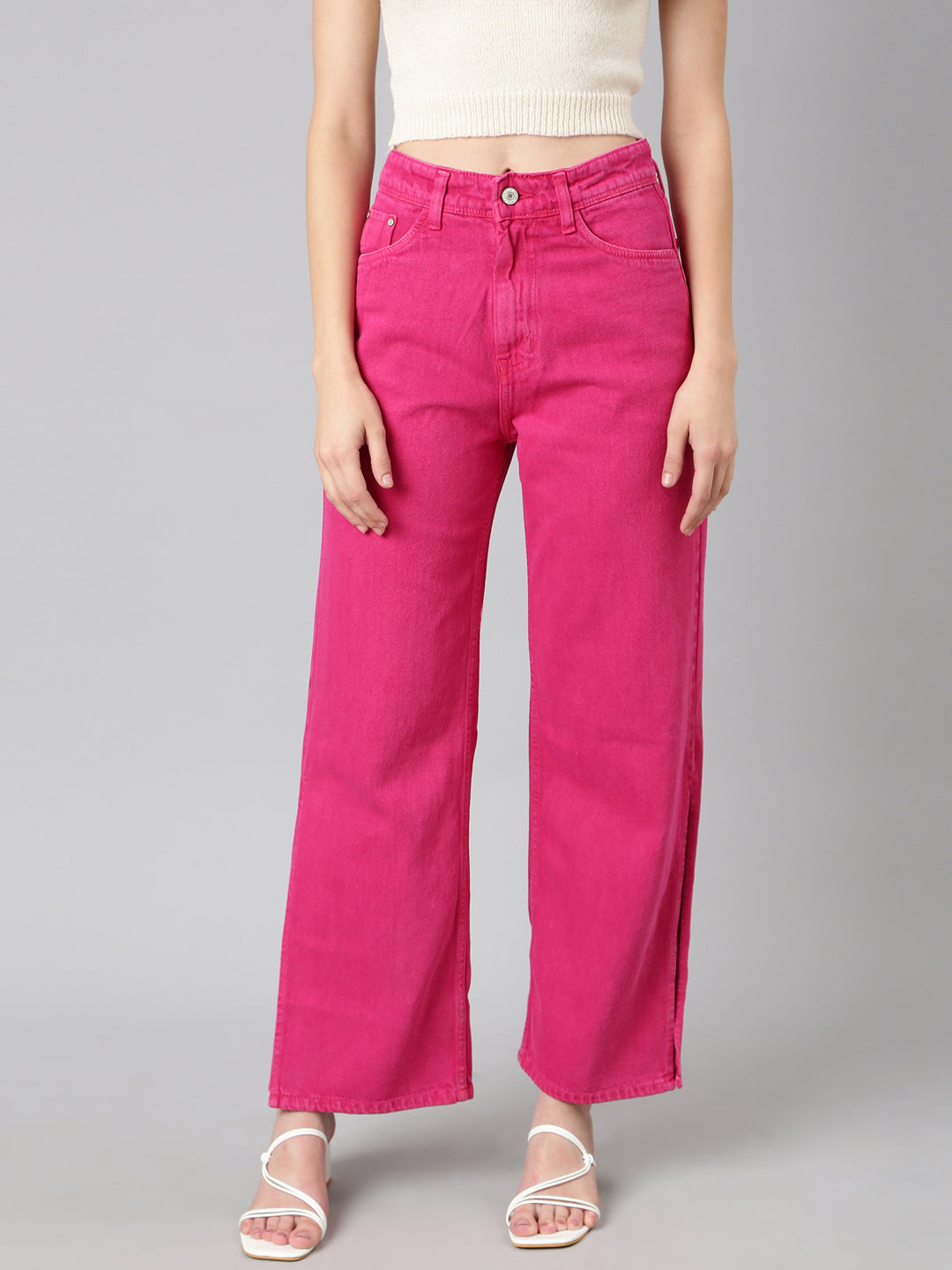 Women Pink Solid Wide Leg Denim Jeans