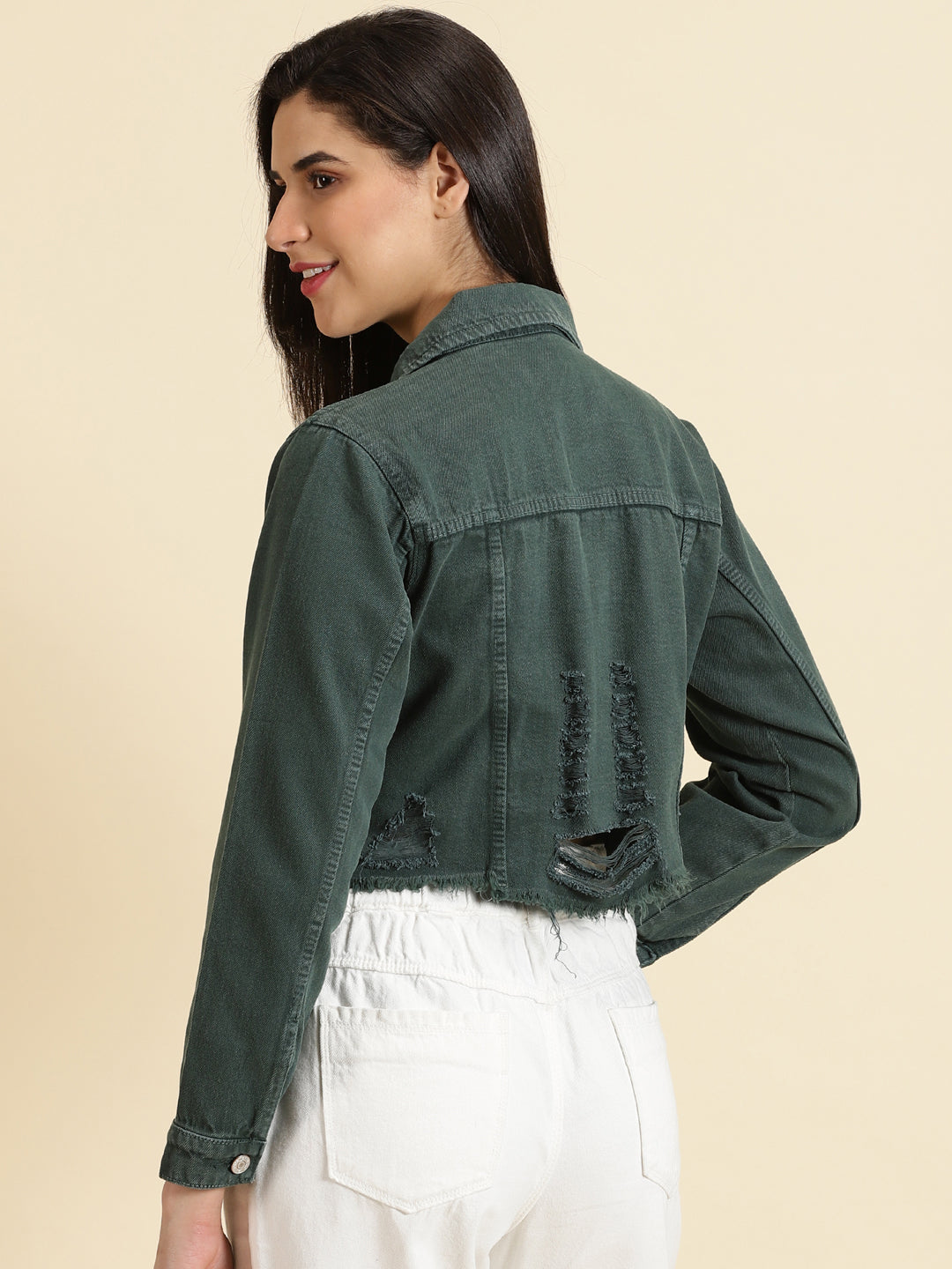 Women's Green Solid Open Front Jacket