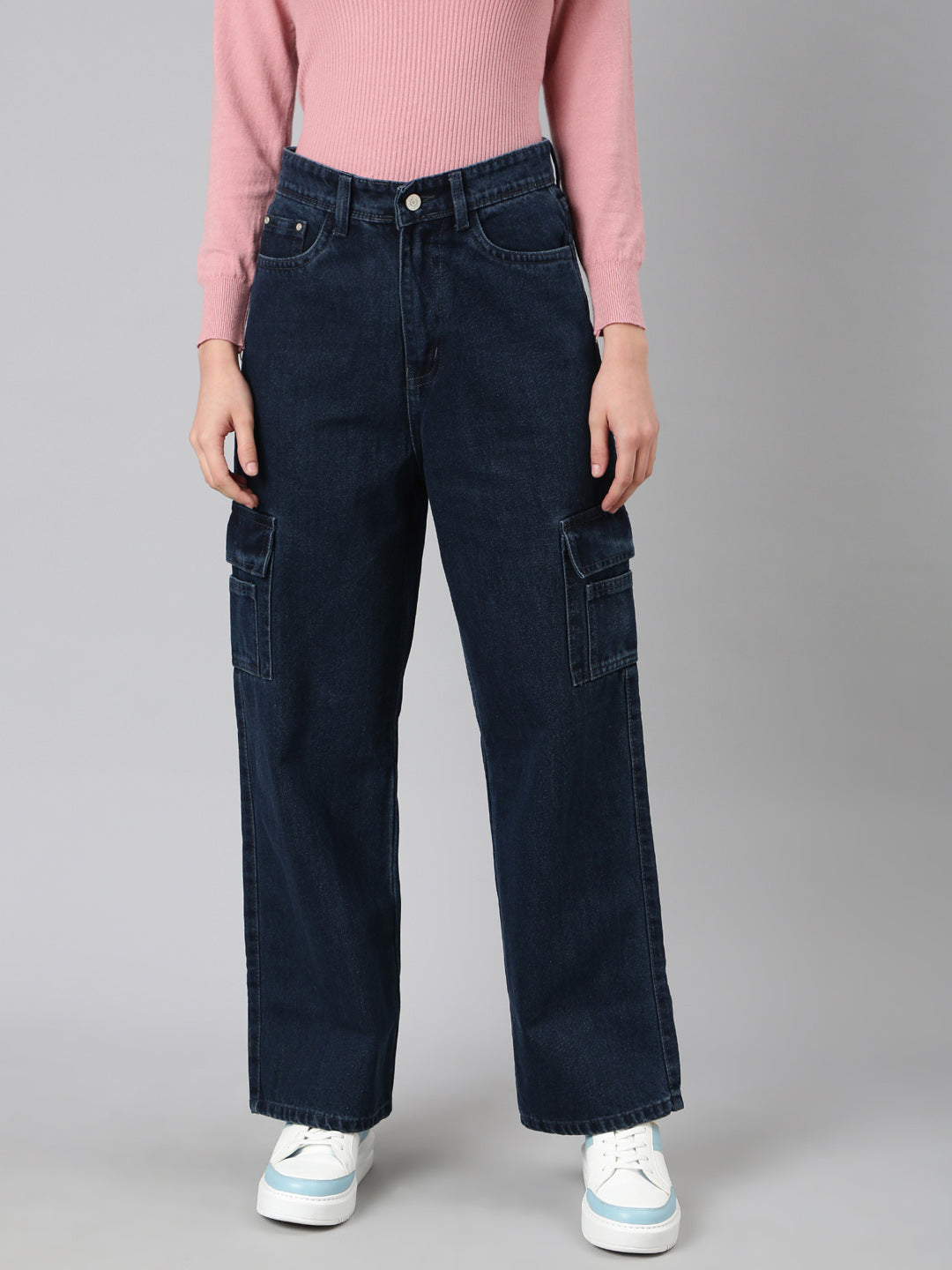 Women Navy Blue Solid Wide Leg Denim Jeans