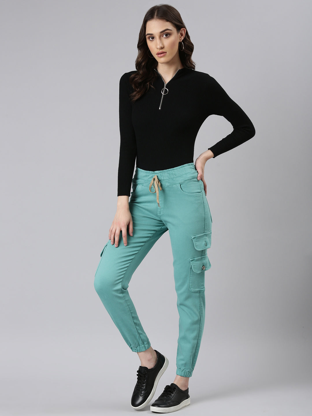 Women Turquoise Blue Solid Regular Fit Denim Jeans