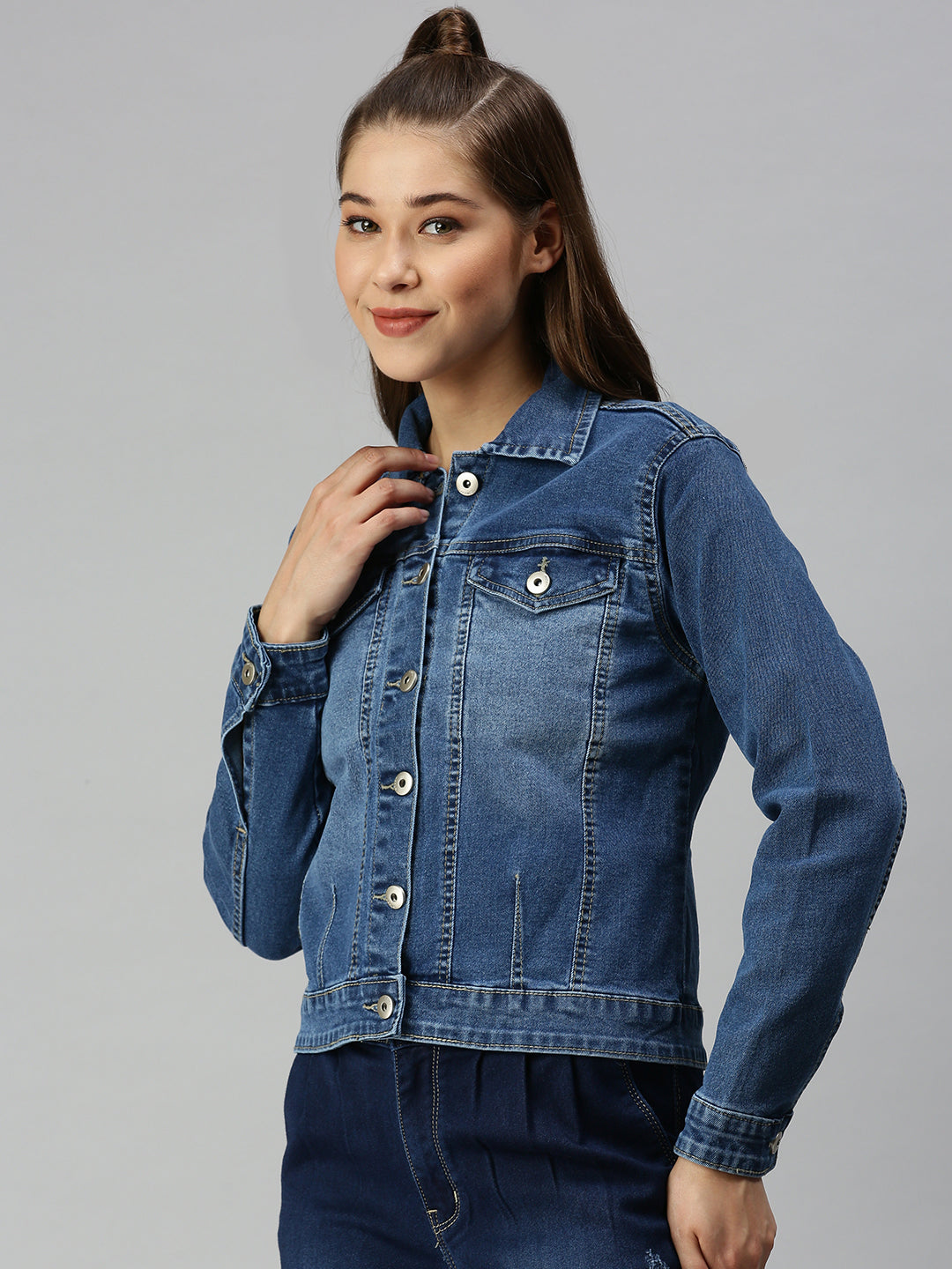 Women's Blue Solid Denim Jacket Jackets
