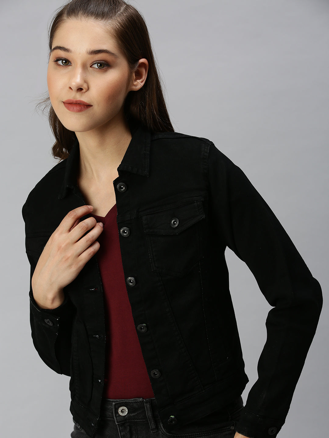 Women's Black Solid Denim Jacket Jackets