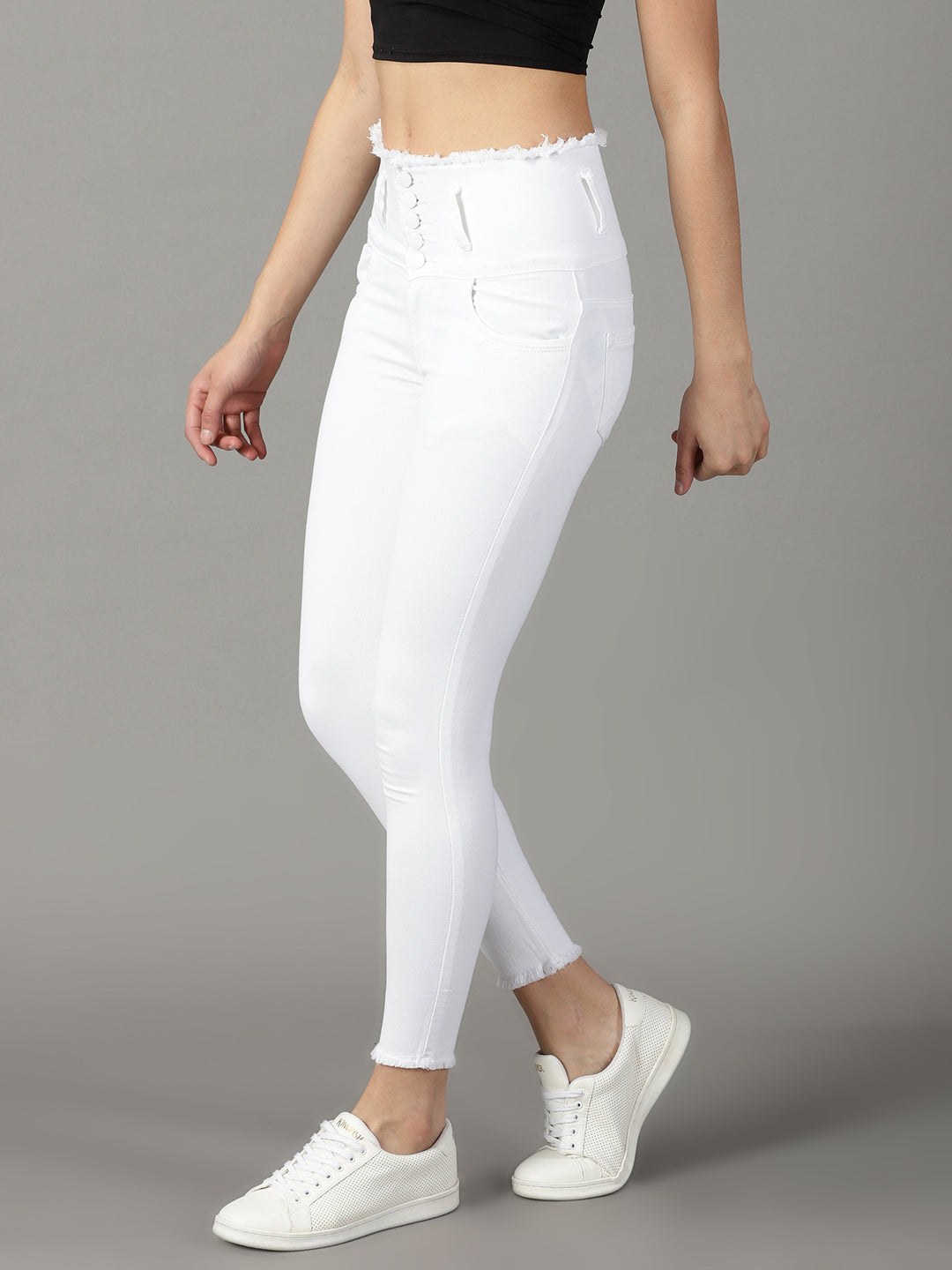 Women's White Solid Skinny Fit Denim Jeans