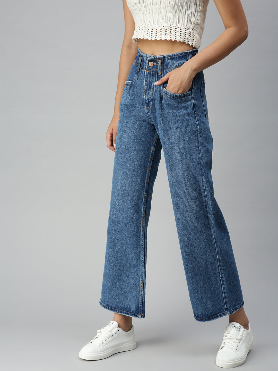 Women's Blue Solid Denim Wide Leg Jeans