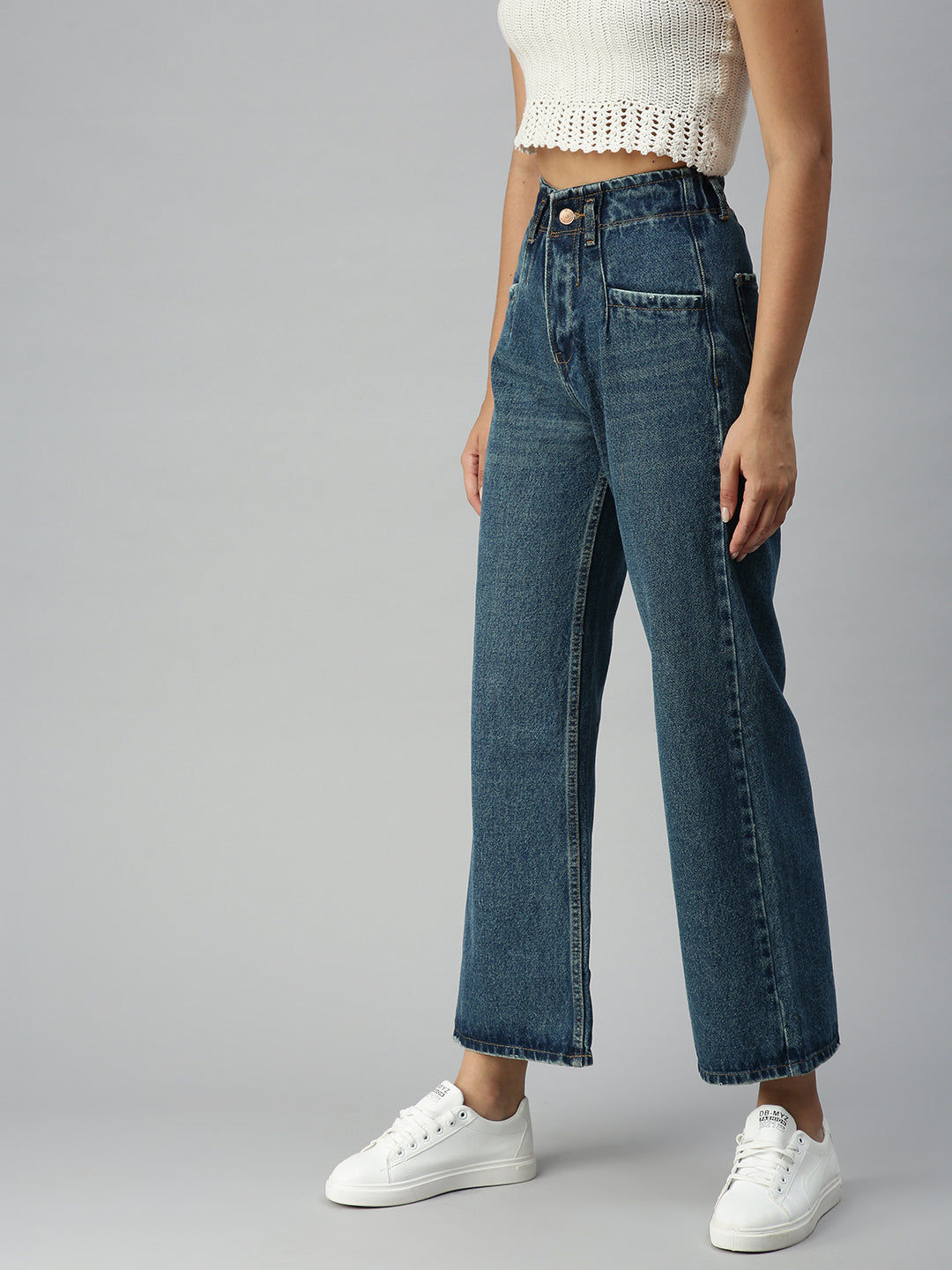 Women's Blue Solid Denim Wide Leg Jeans