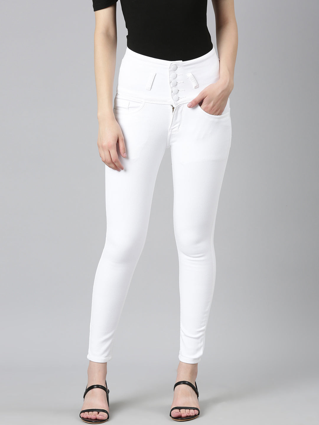 Women White Solid Slim Fit Denim Jeans