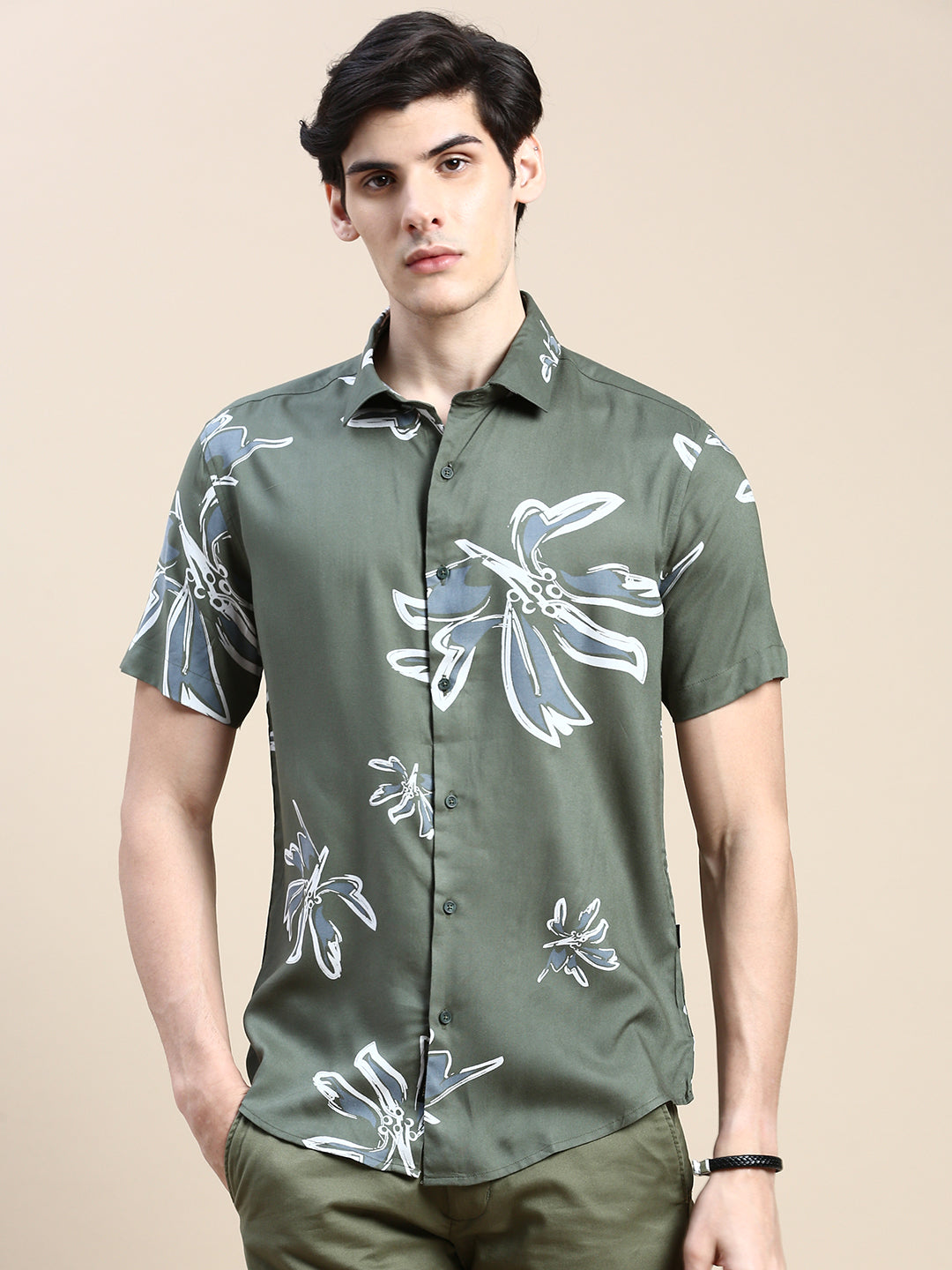 Men Green Floral Casual Shirt
