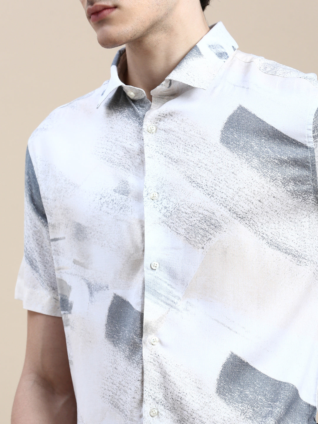 Men Cream Graphics Casual Shirt