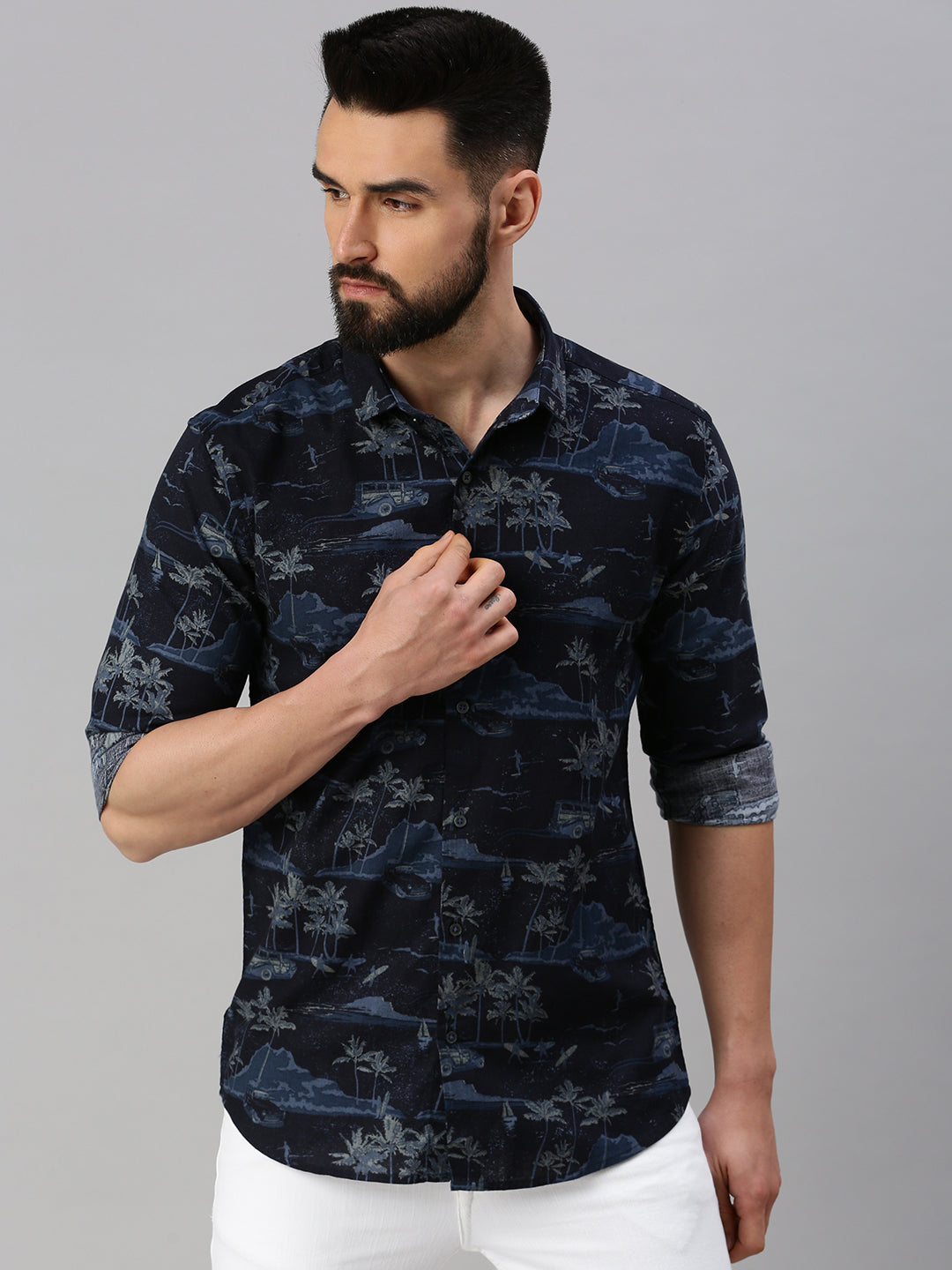 Men Navy Blue Printed Casual Shirt