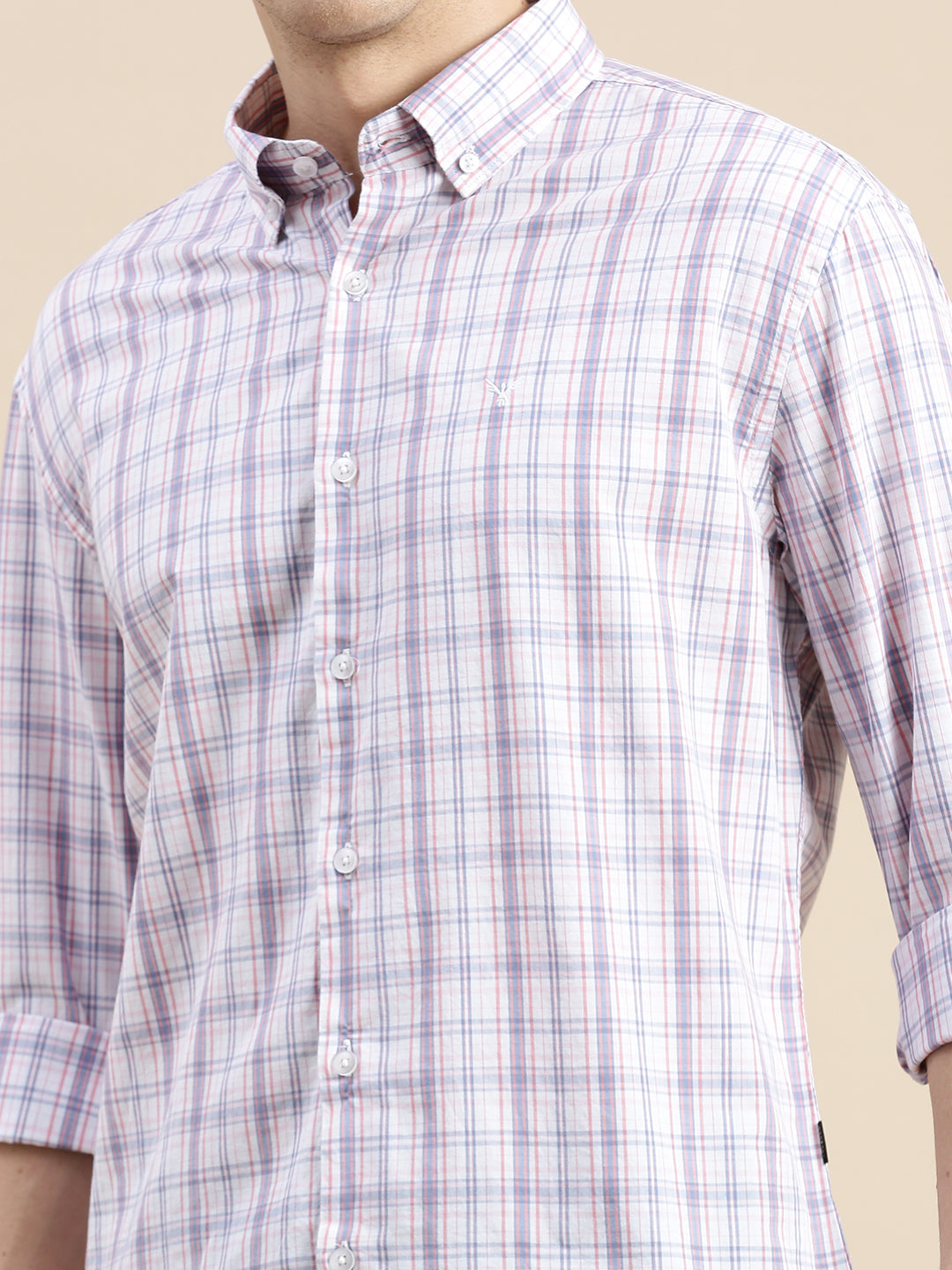 Men Cream Checked Casual Shirt