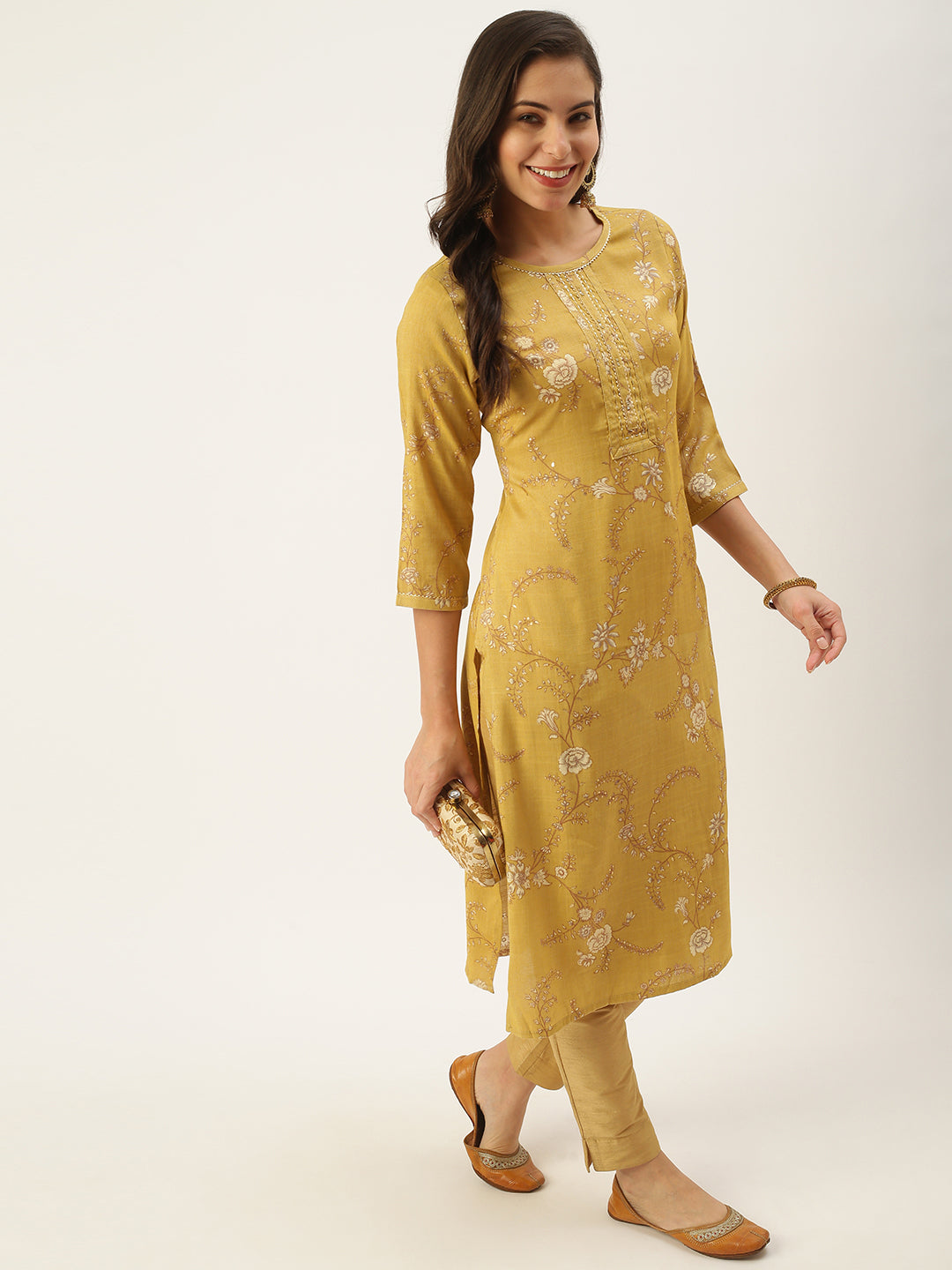 Women's Yellow Printed Straight Kurtas