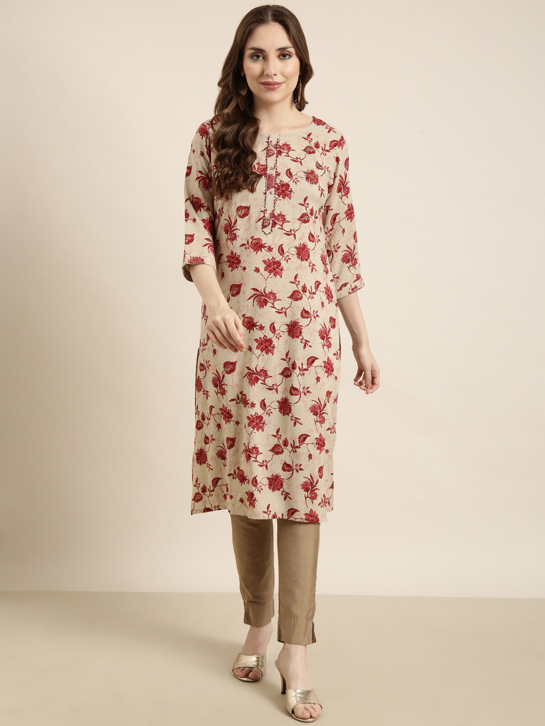 Women Straight Beige Floral Kurta