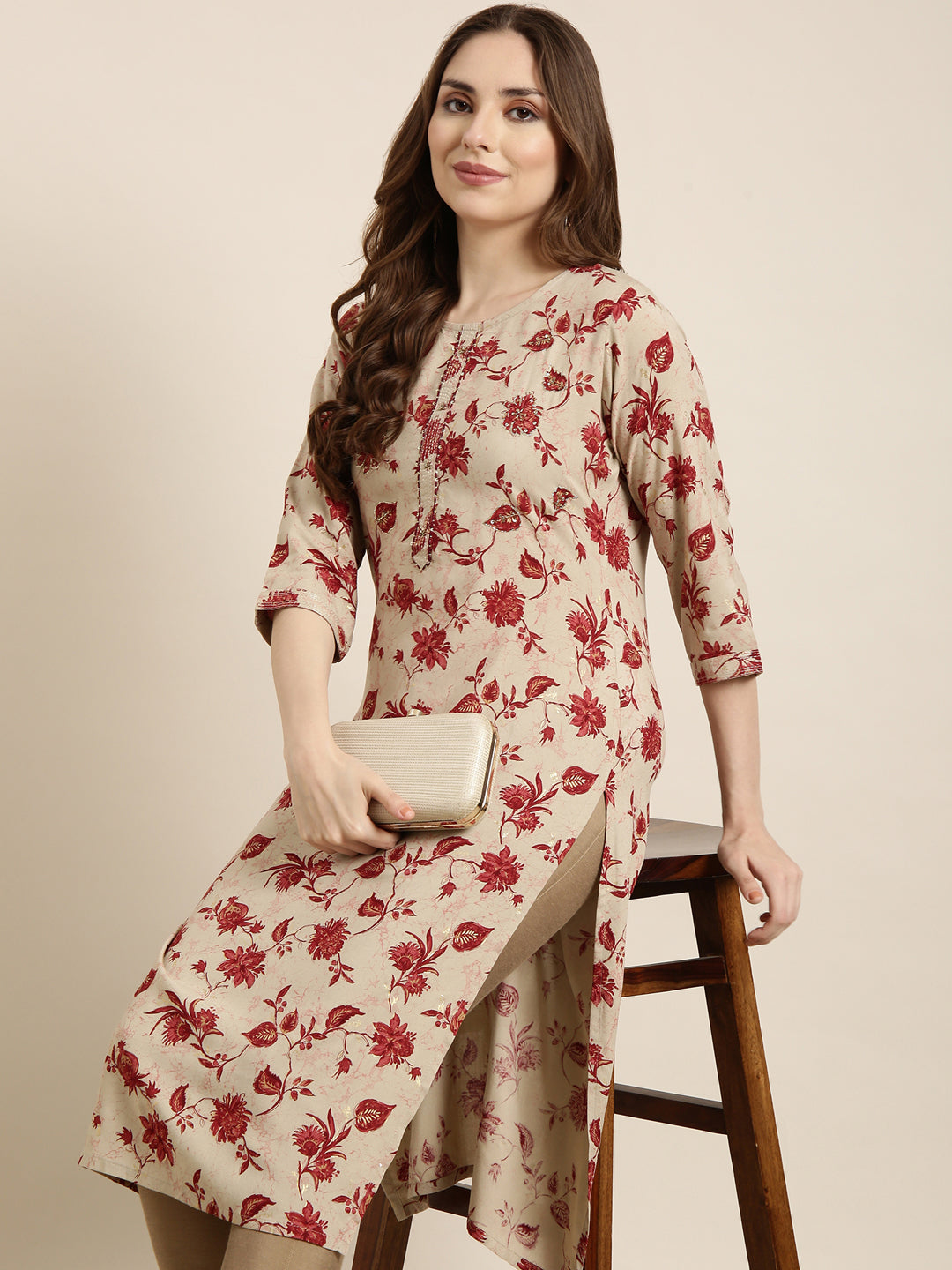 Women Straight Beige Floral Kurta