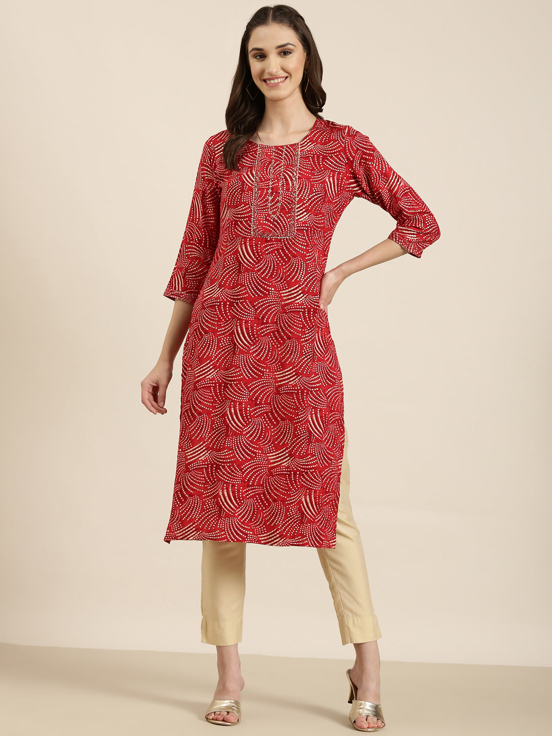 Women Red Printed Straight Kurta