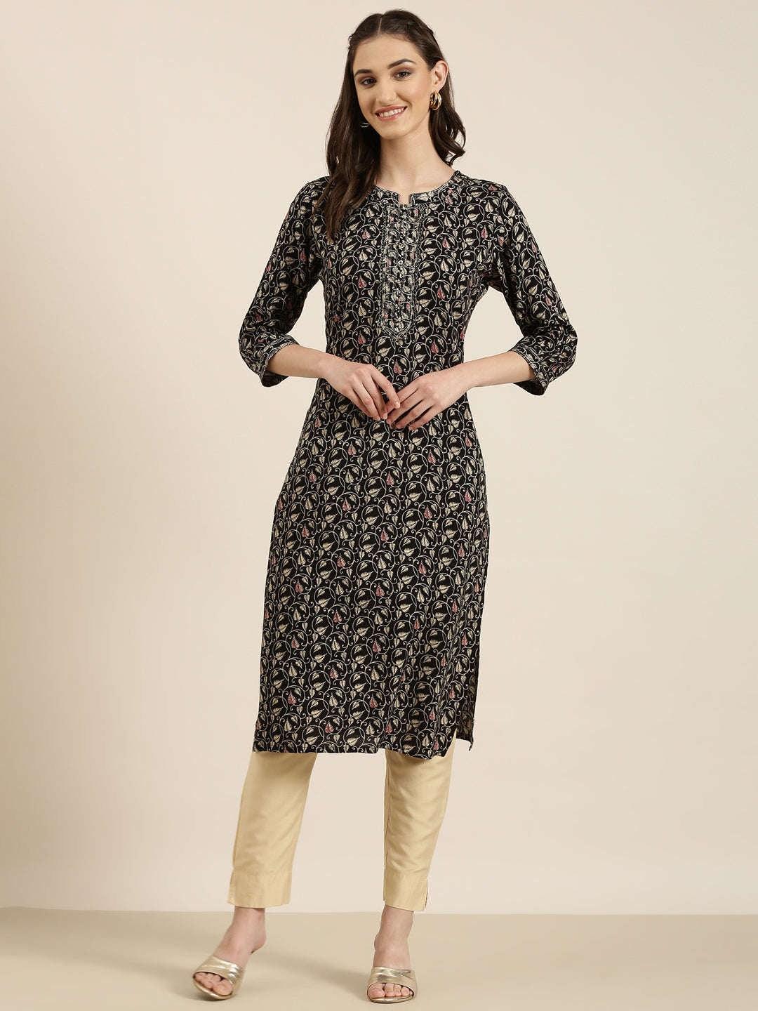 Women Black Printed Straight Kurta